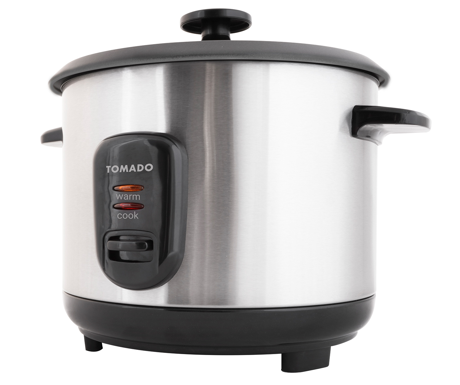 Silver Tomado rice cooker with a black control panel and lid, isolated on white.