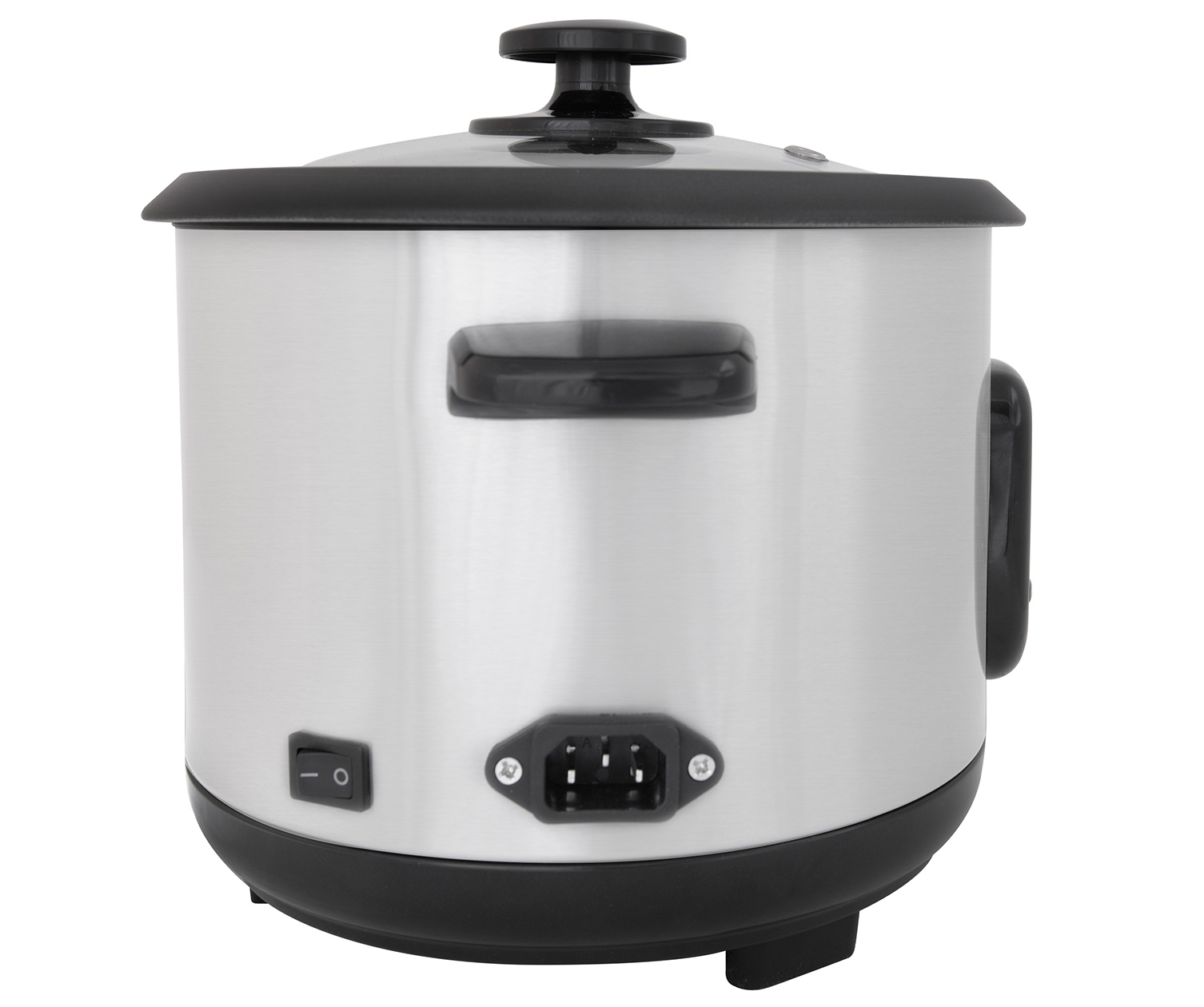 A silver rice cooker with a black base and lid, the power cord is plugged in the back.