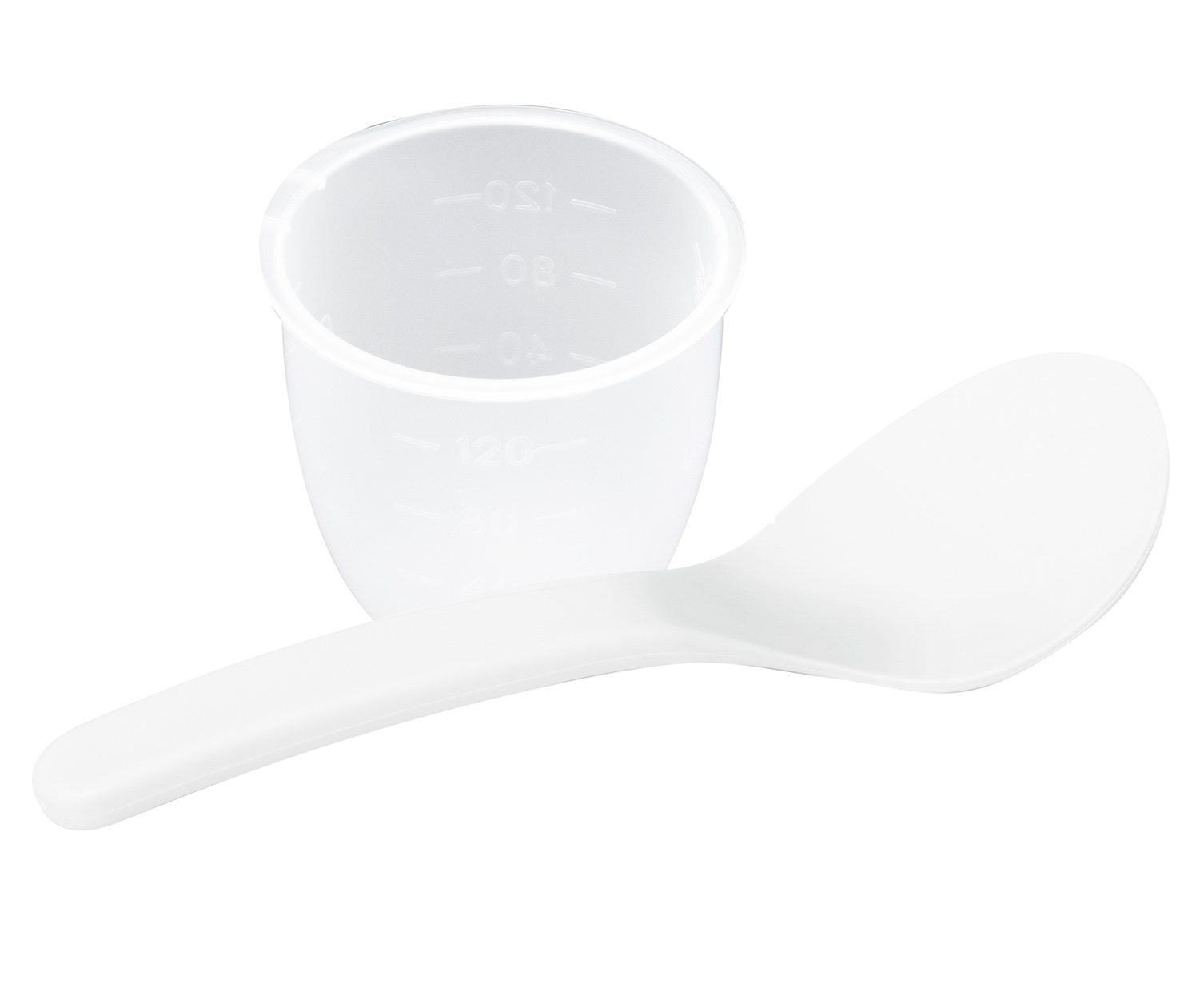 White rice measuring cup and spoon on a white surface. White background.