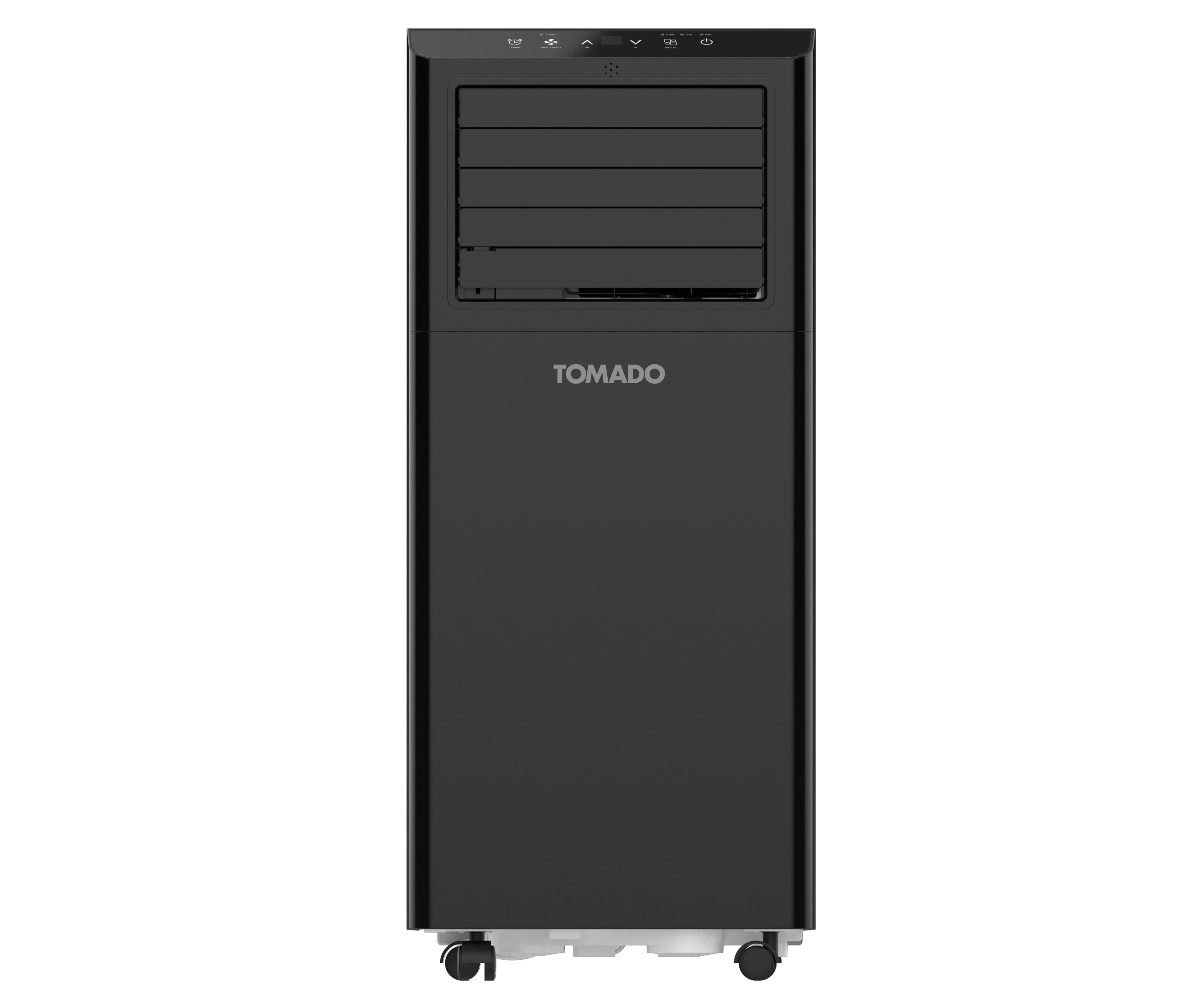 Black air cooler with TOMADO logo, vertical design, with control panel and wheels. White background.