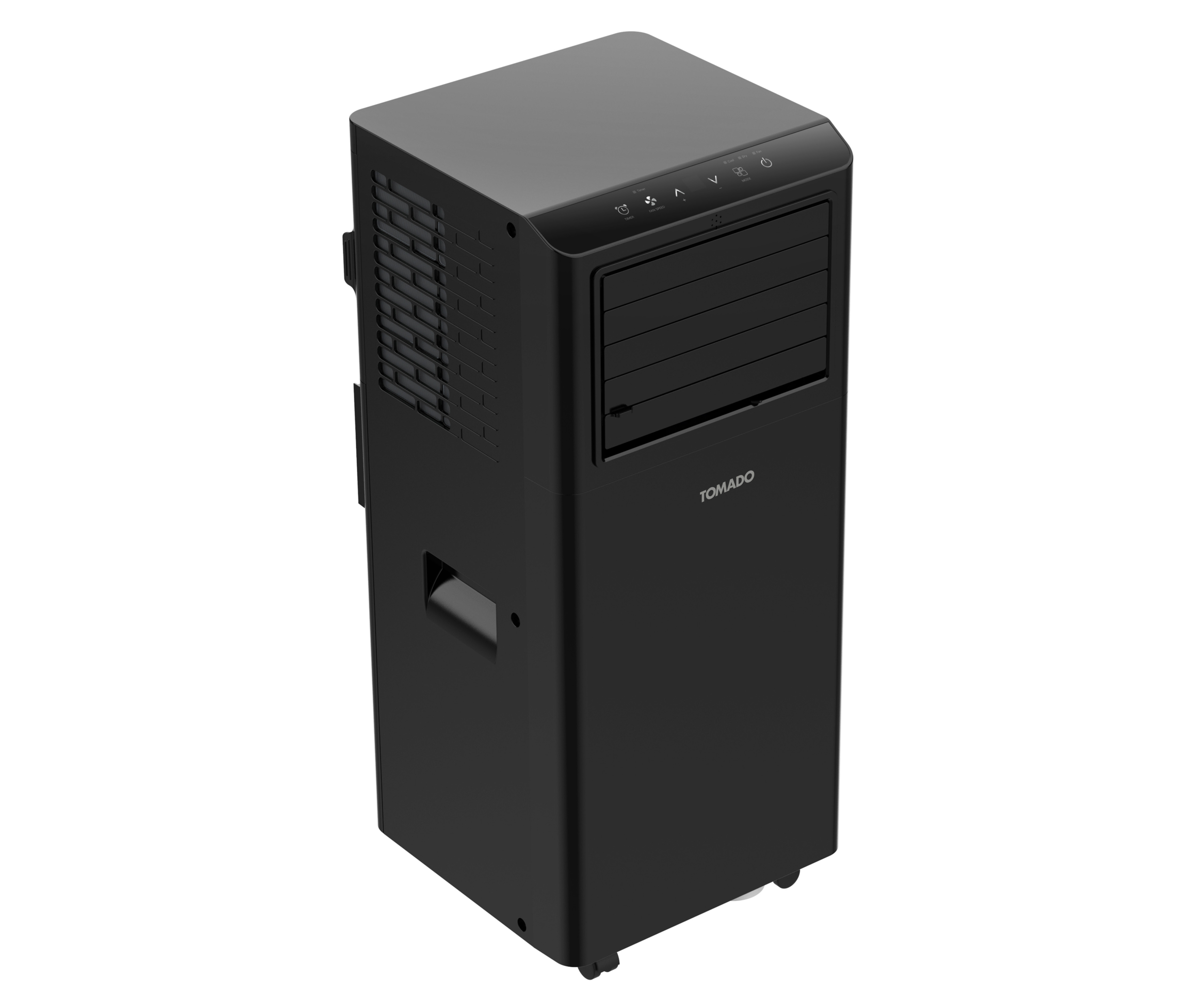 Black air conditioner on white surface, Tomado brand, front view.