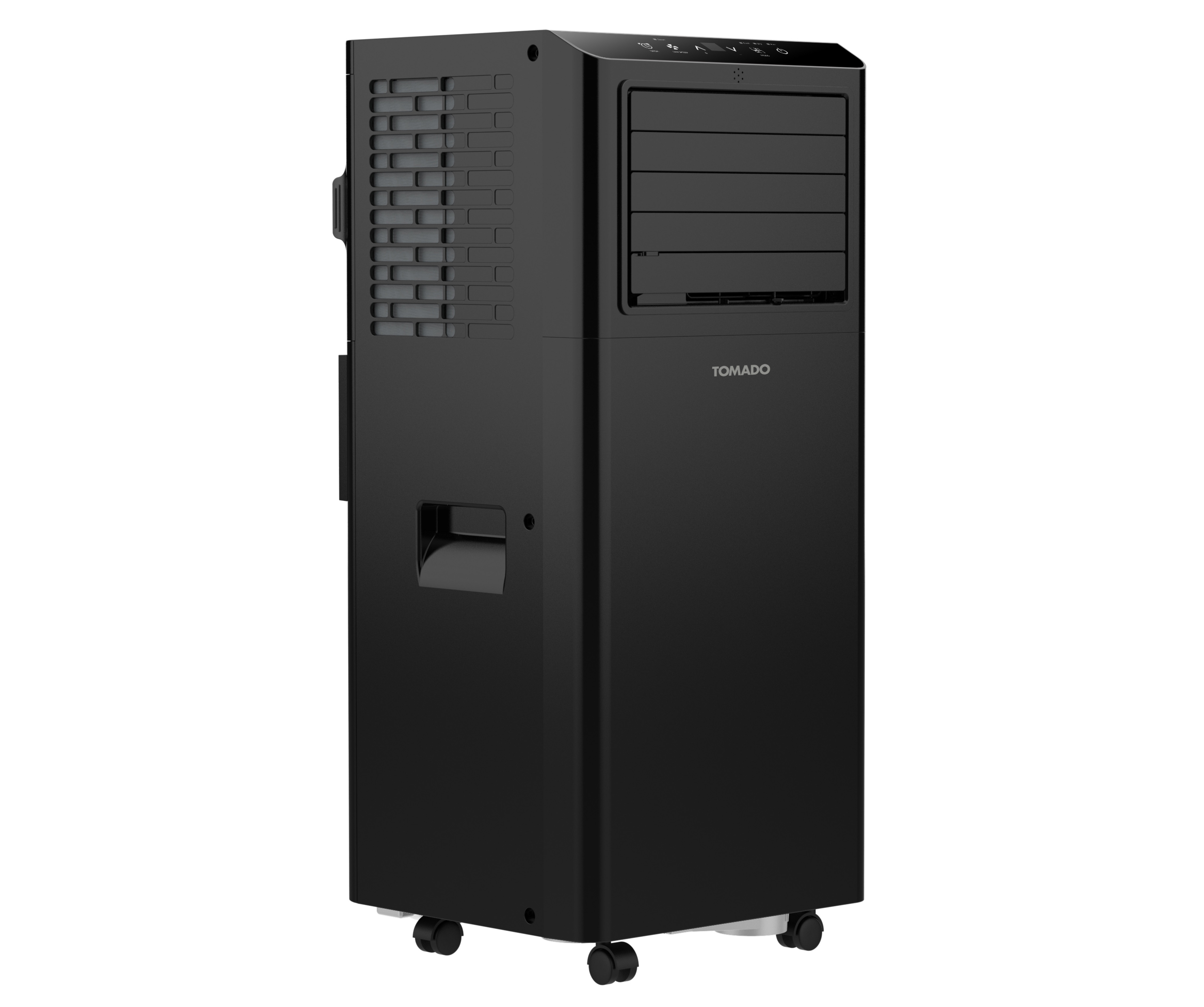 A black, vertical air cooler. It's on wheels. The brand 'TOMADO' is printed on the front.