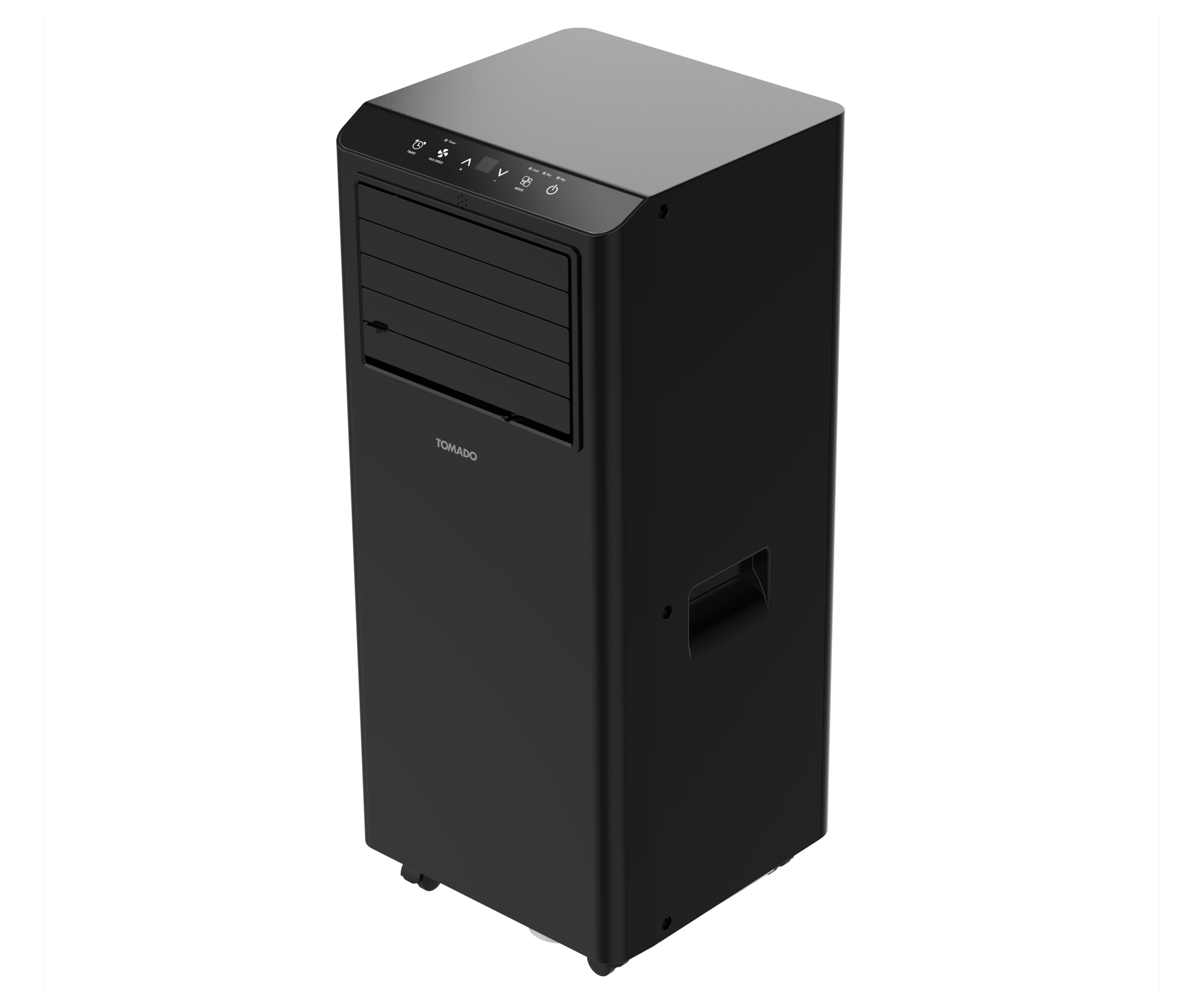 Black portable air conditioner with display and vent. TOMADO logo is visible. Wheels are on the bottom.