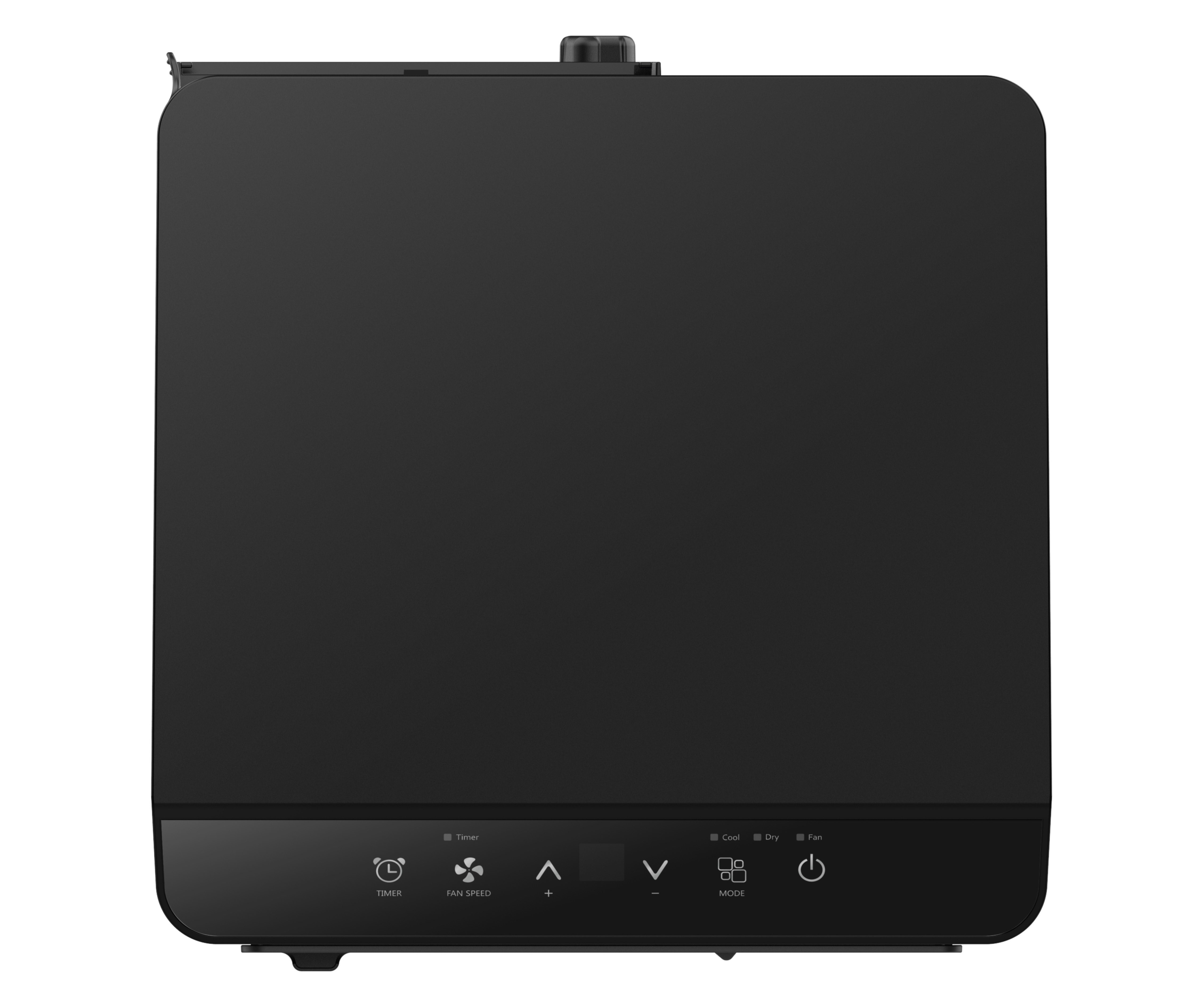 Black air purifier, with a control panel at the bottom.