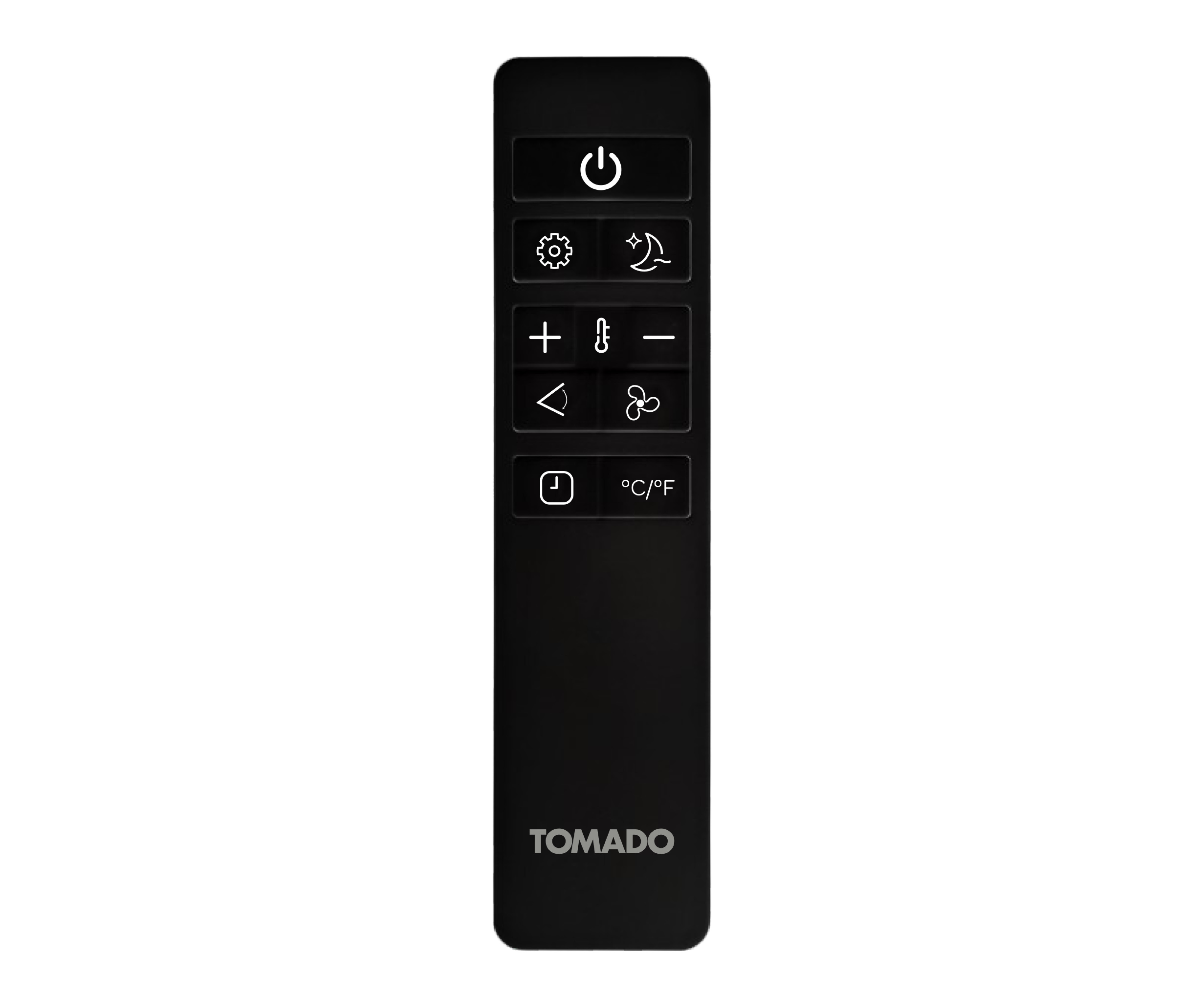 Black Tomado remote control. Features: power, settings, temperature, and fan control buttons. White background.