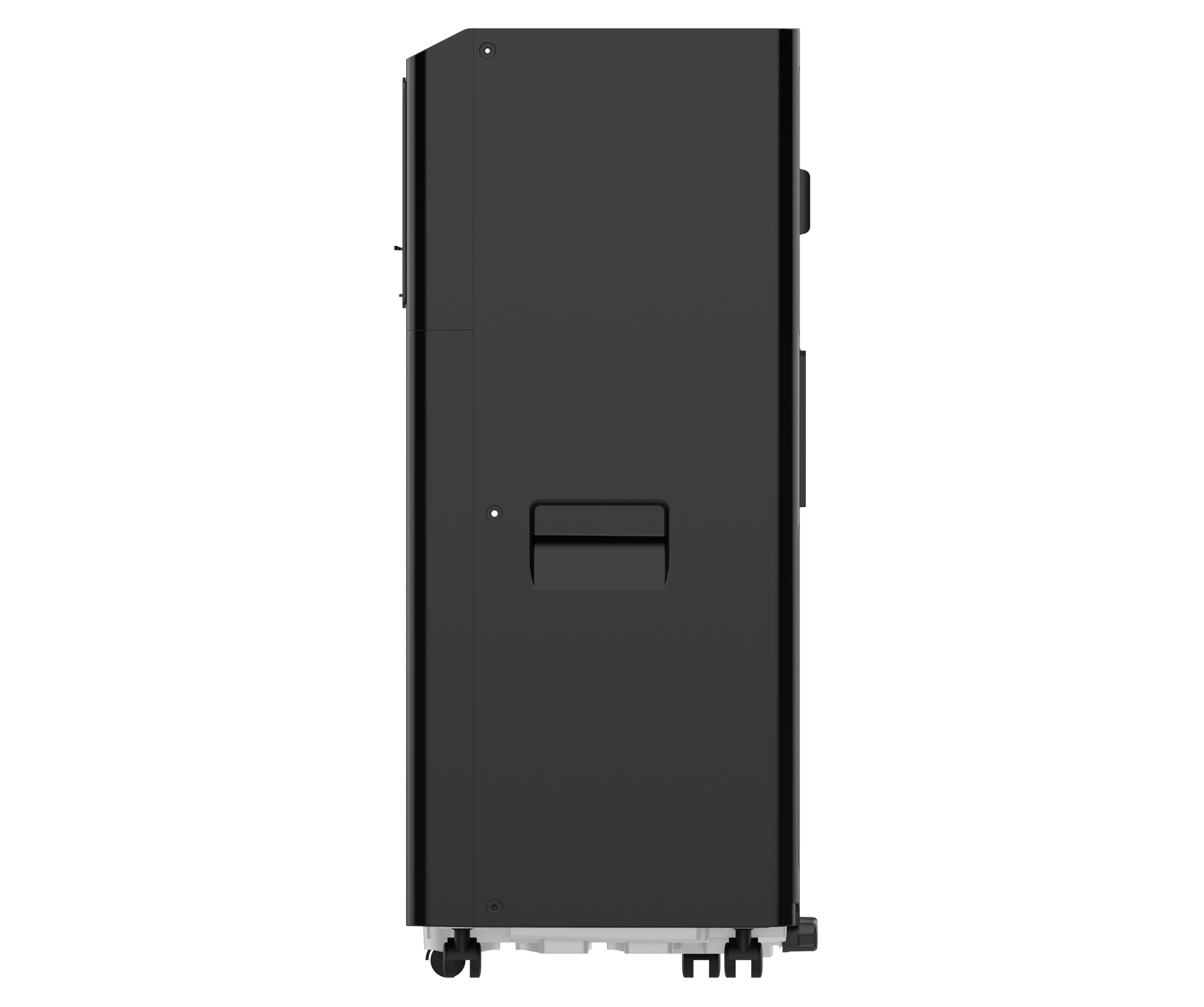 Black cabinet, side view, with a handle and wheels at the bottom.