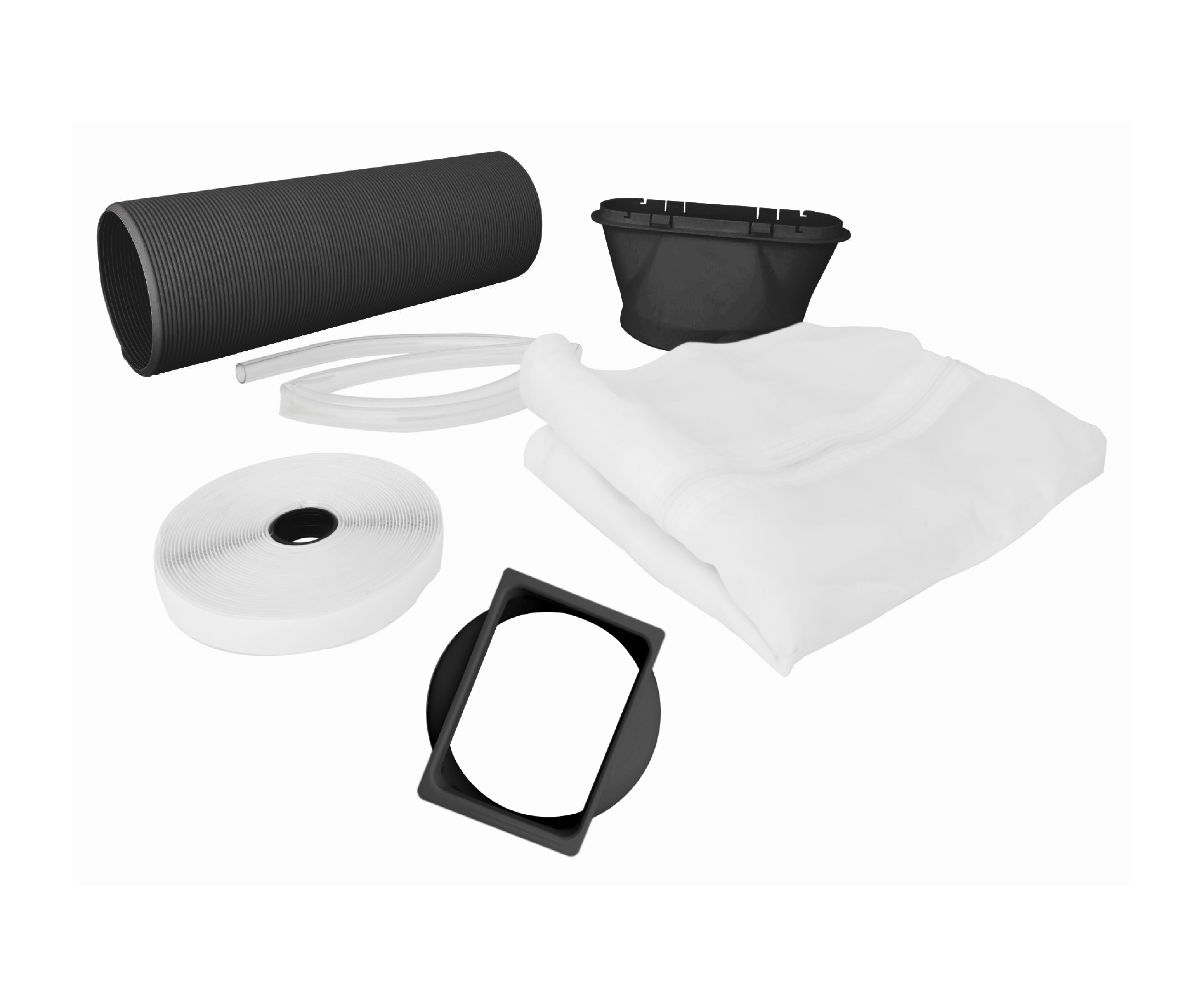 Various components isolated on a white background, including a hose, filter, and foam tape.