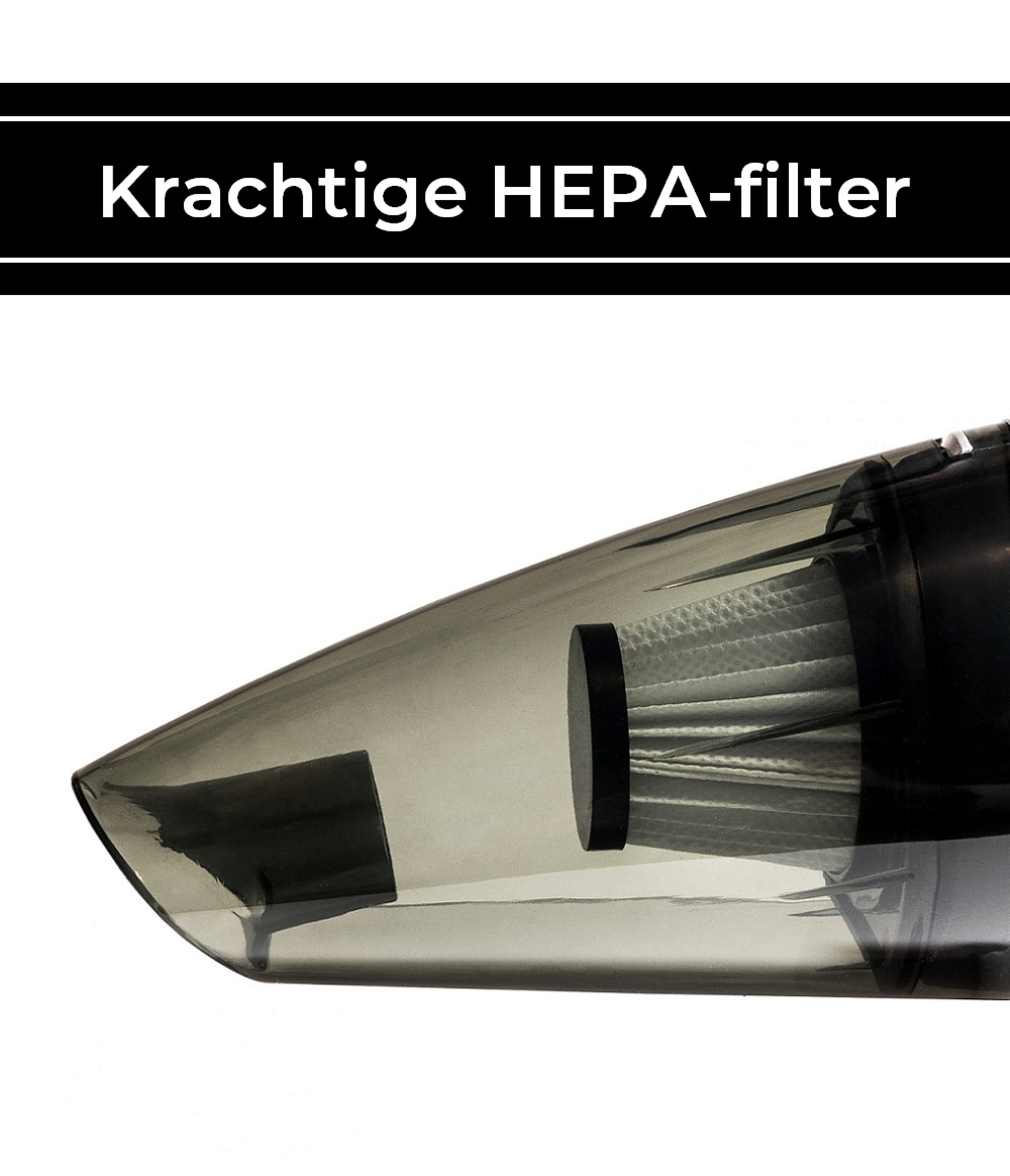 A transparent black vacuum cleaner head with a HEPA filter. Text says 'Krachtige HEPA-filter'.