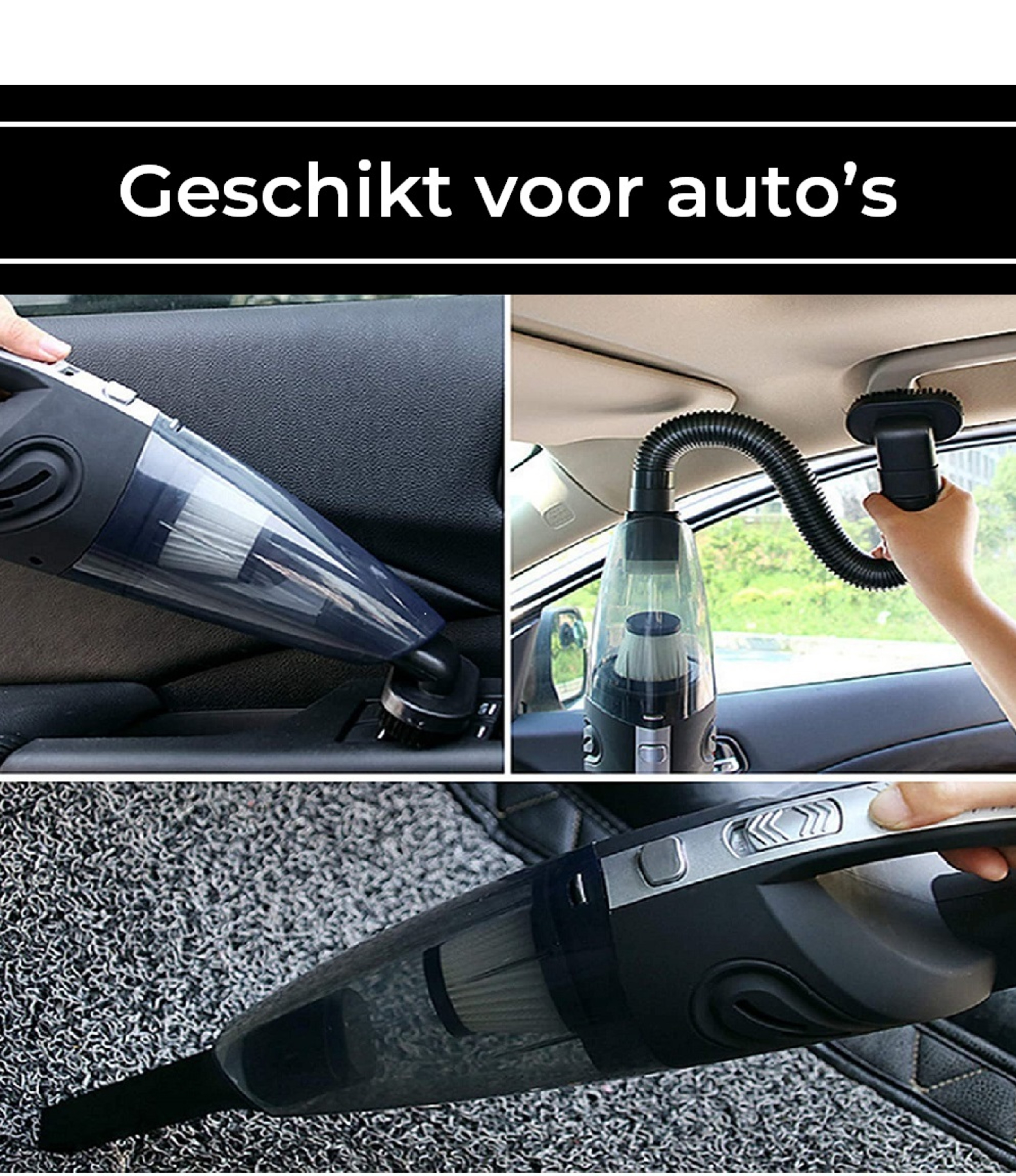 Vacuum cleaner being used in a car. Several views show the vacuum in use on seats and carpet.