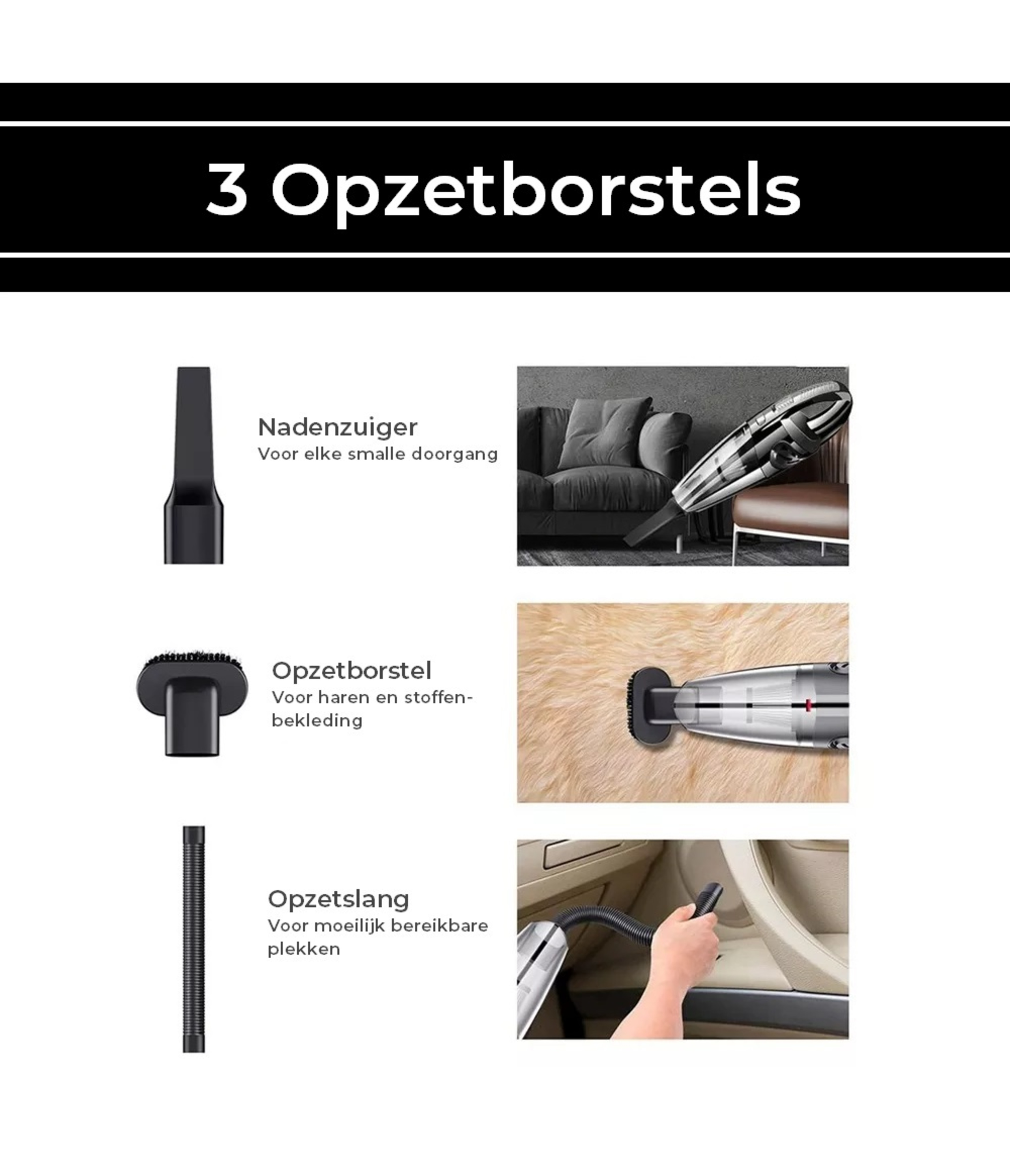 Vacuum cleaner accessories: crevice tool, brush, and hose with images.