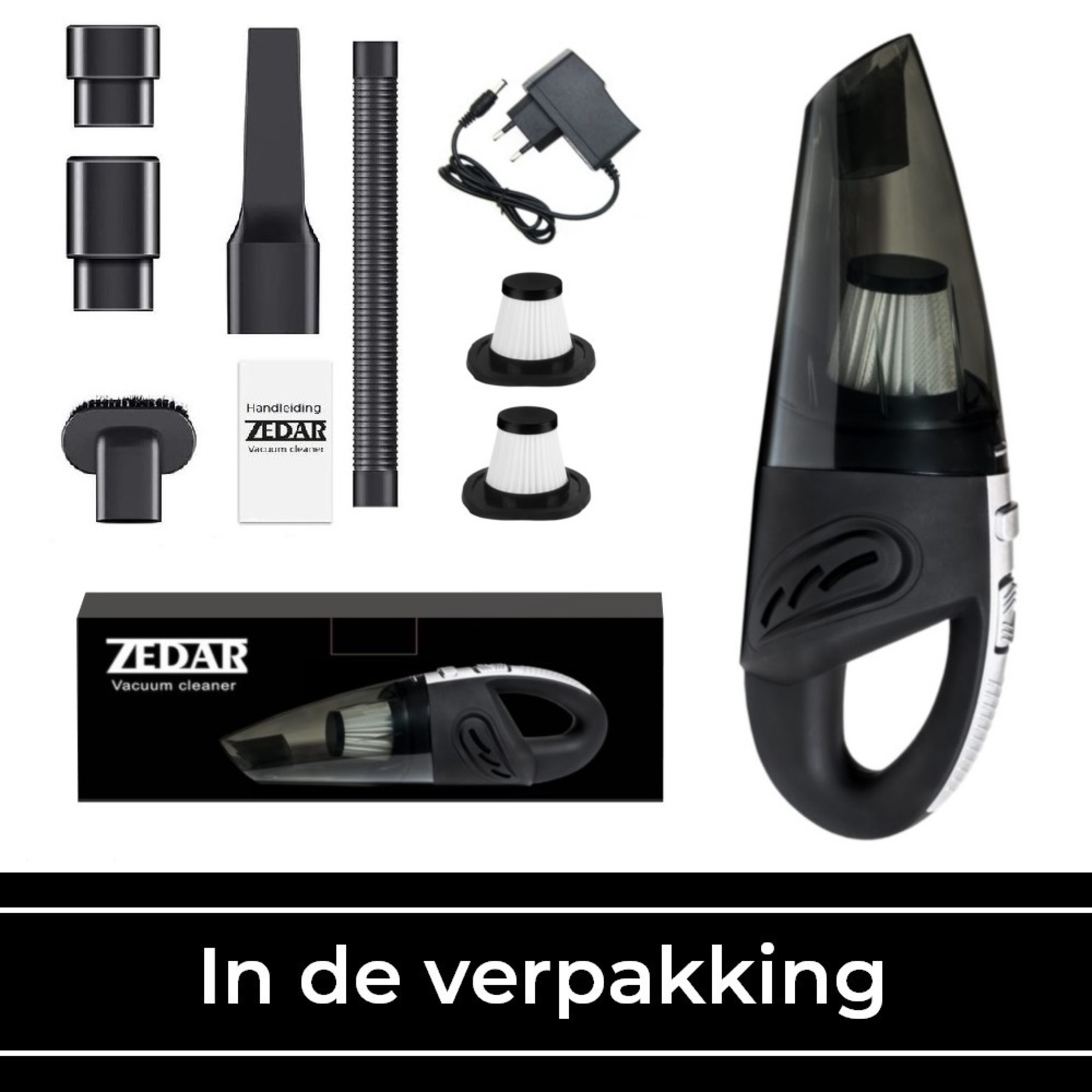 Vacuum cleaner and accessories: nozzles, hose, filters, and a charger, displayed on a white surface.