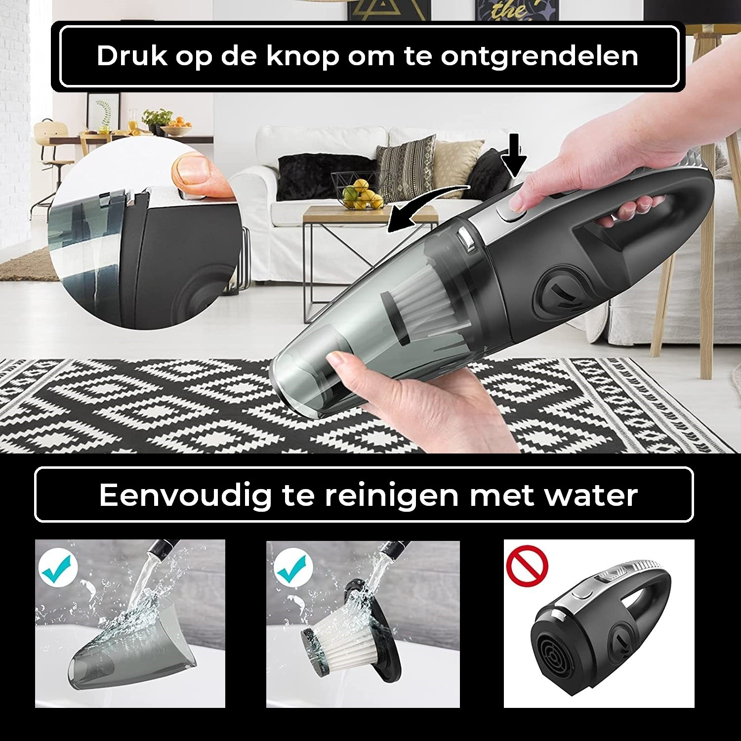 A black and gray handheld vacuum is held by a person, showing easy cleaning with water.