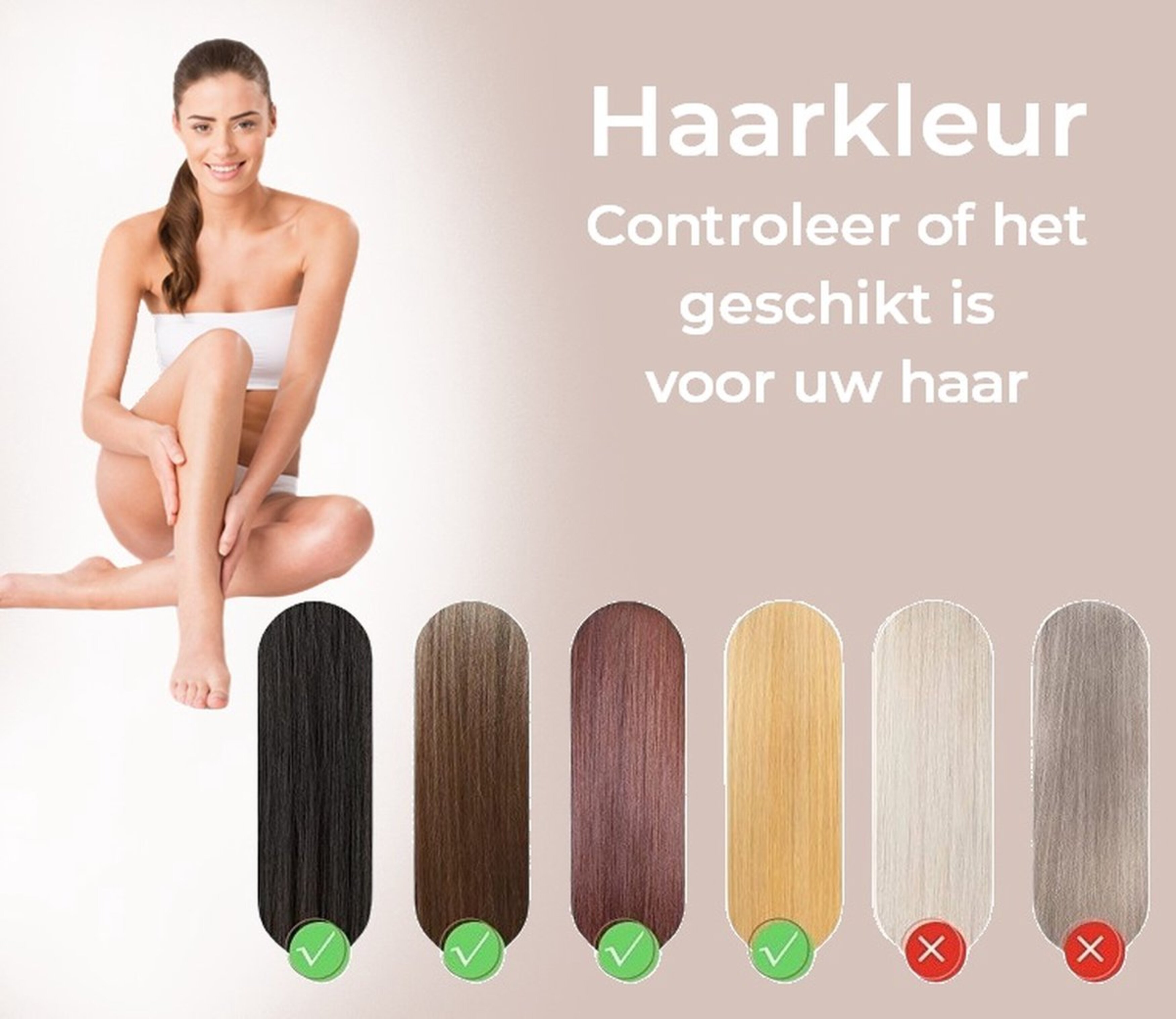 Woman with hair samples. It shows hair dye colors, some are approved, others not.
