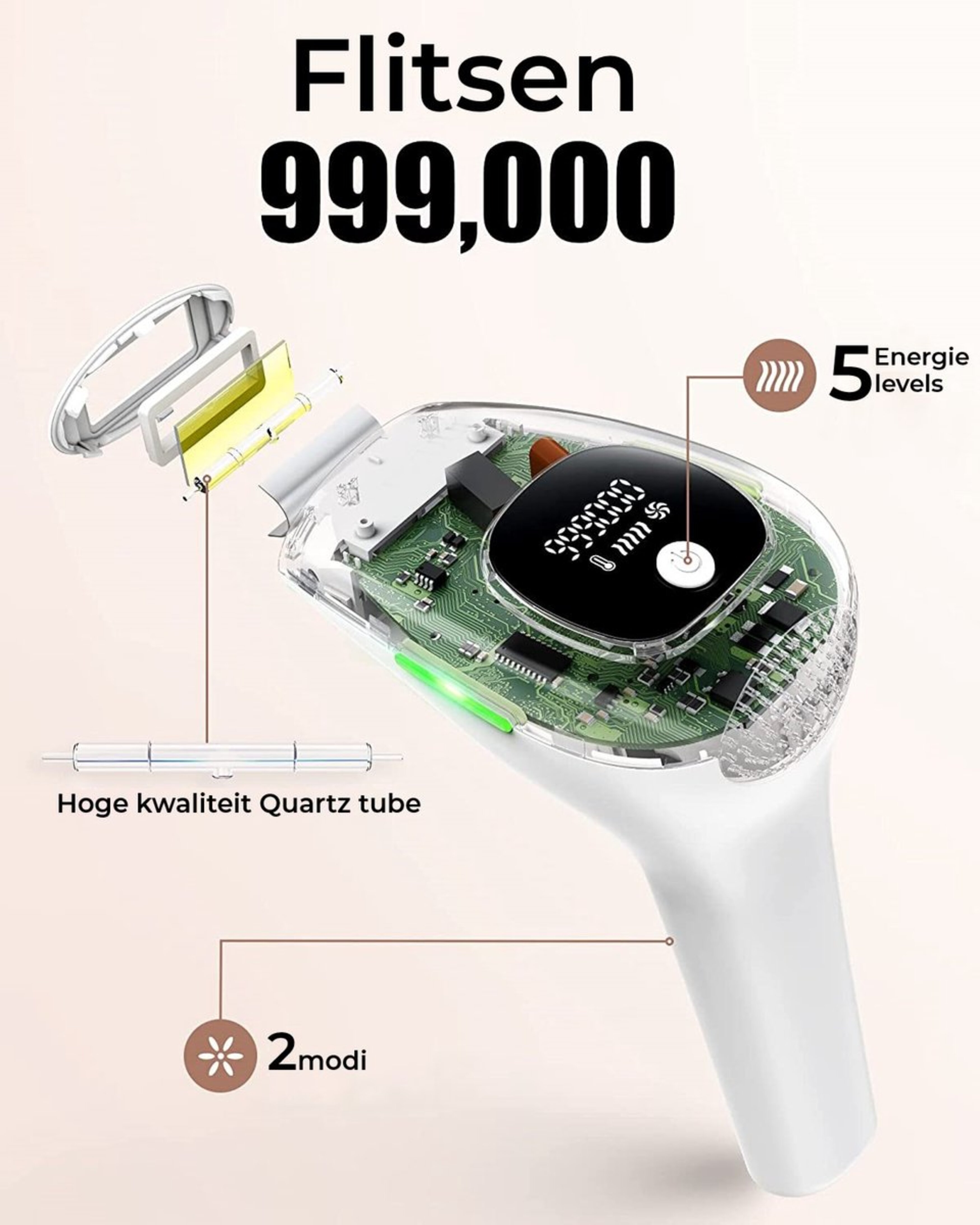 White and gray hair removal device with features like 5 energy levels and 999,000 flashes.