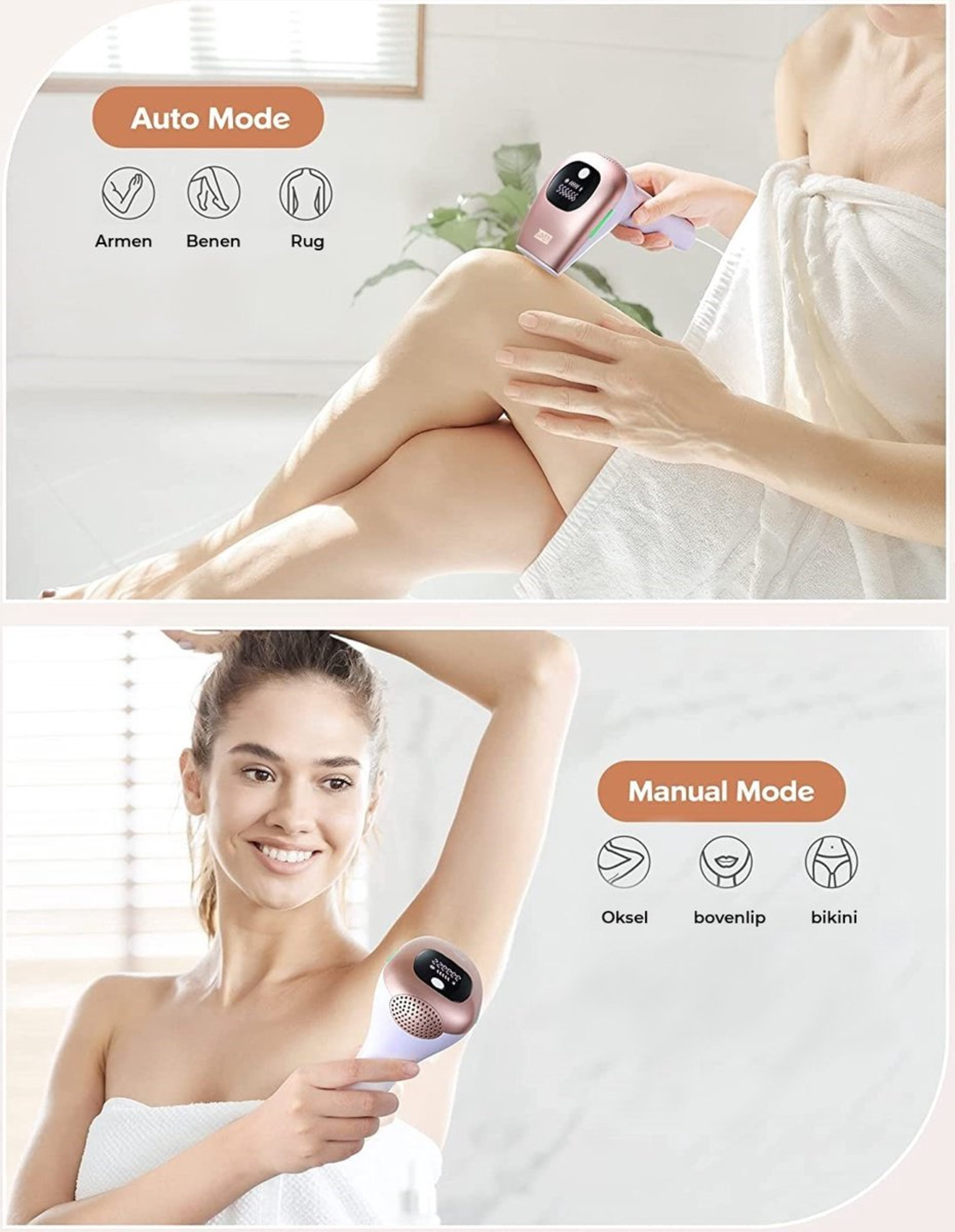 A woman using a hair removal device on her leg and arm, with icons on the top.