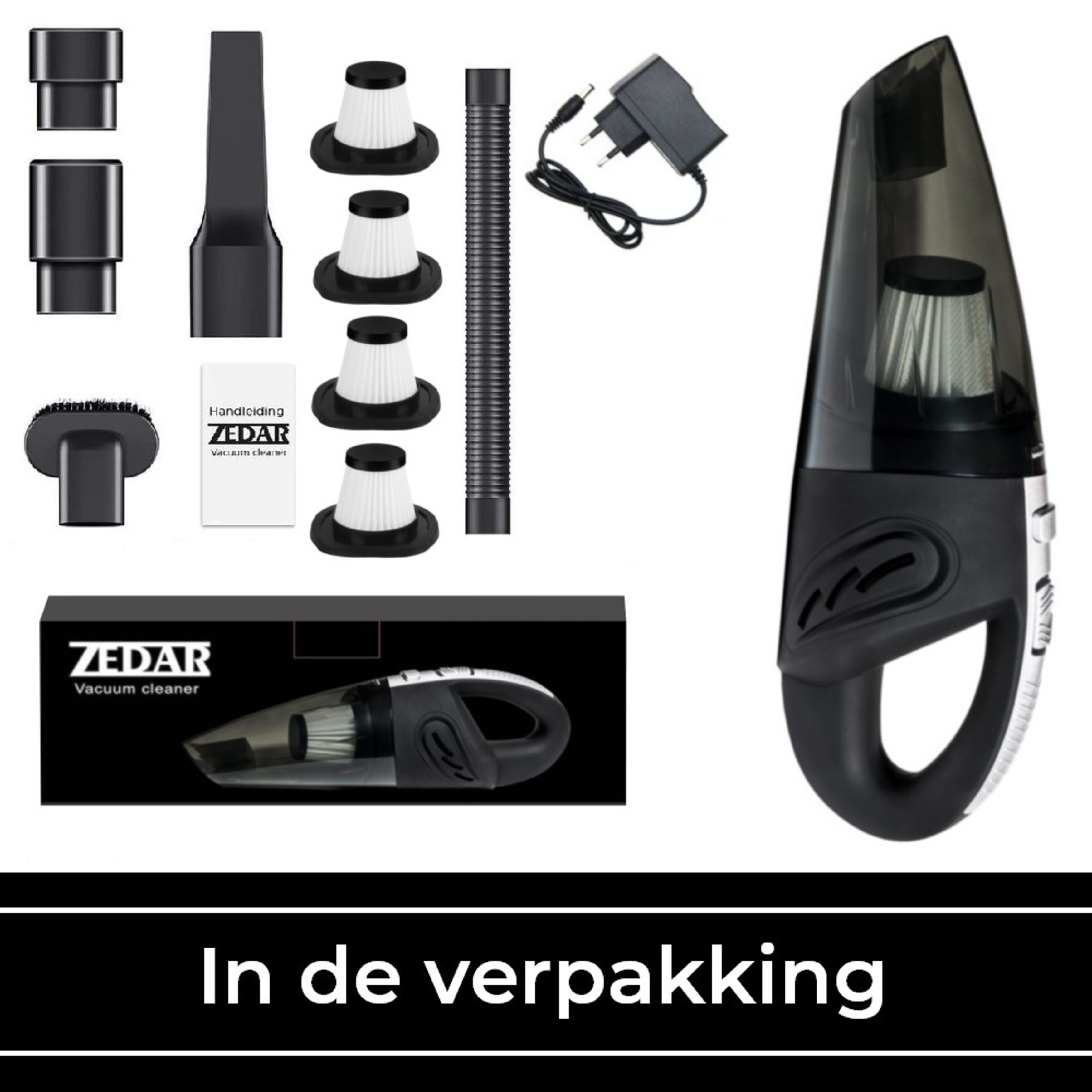 Vacuum cleaner parts, accessories, and a ZEDAR vacuum cleaner box. Text: In the package.