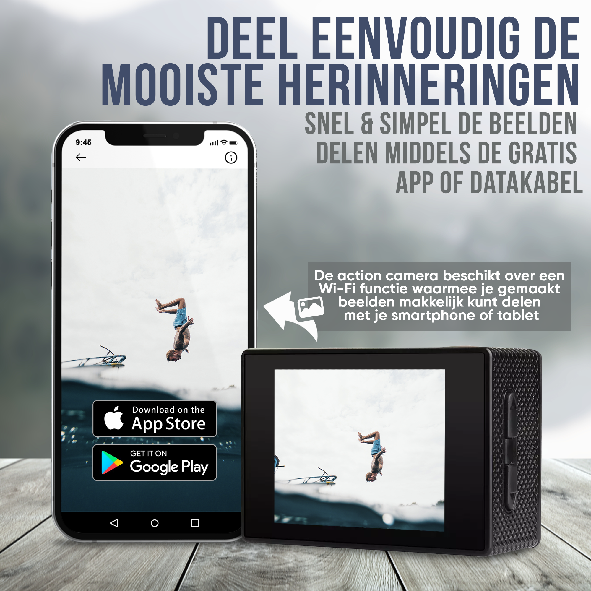 Ein Smartphone und eine Action-Kamera, die eine Person beim Tauchen zeigen. Die Kamera ist schwarz und das Telefon weiß.