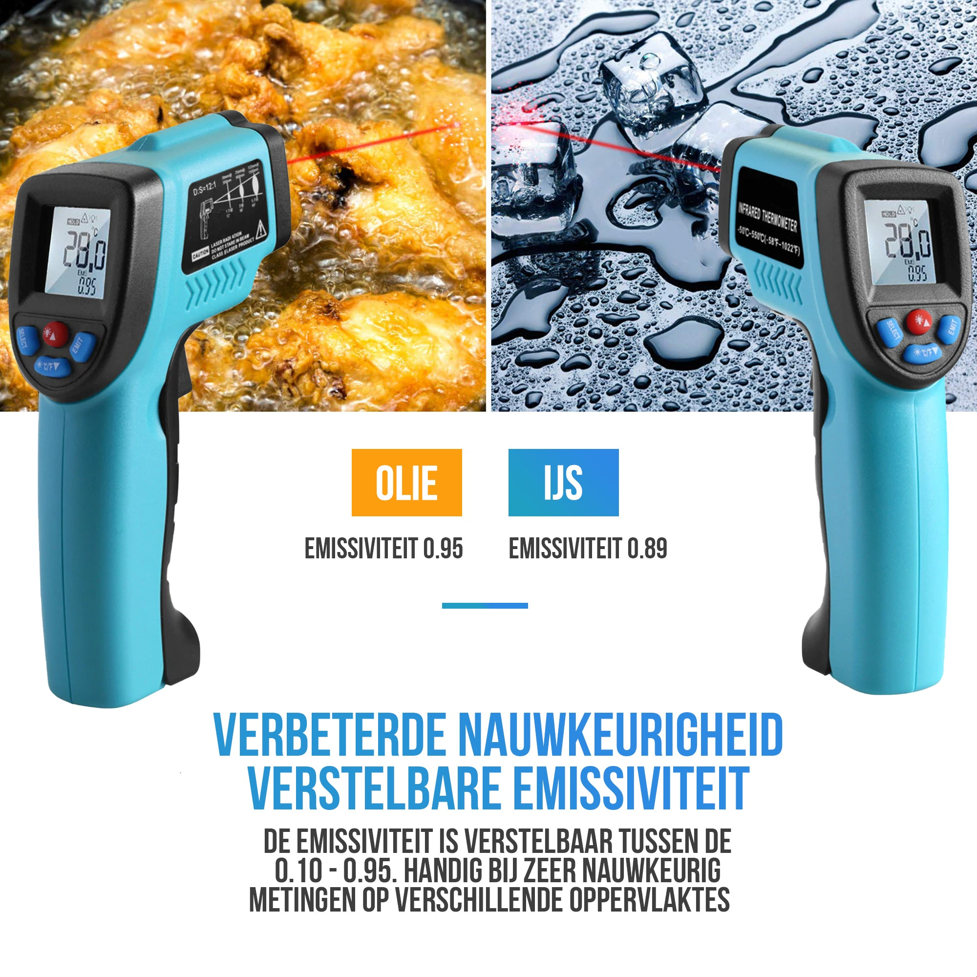 Zwei Infrarot-Thermometer messen Öl und Eis. Displays zeigen Temperaturen. Text: Einstellbarer Emissionsgrad.