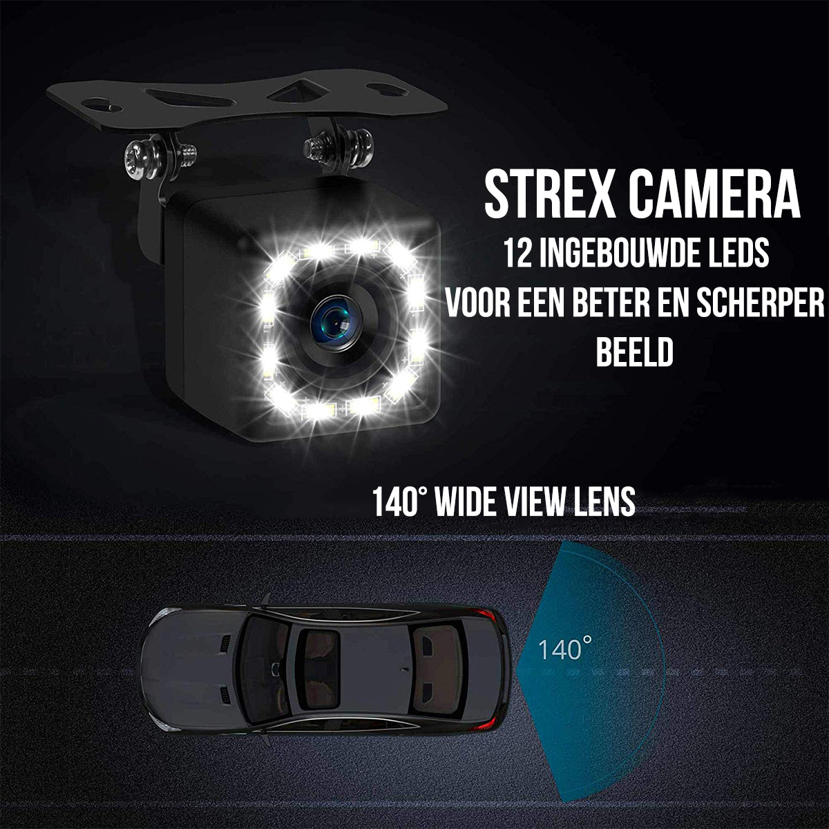 Caméra de voiture noire avec lumières LED et texte, avec une voiture vue de dessus. Objectif grand angle 140°.