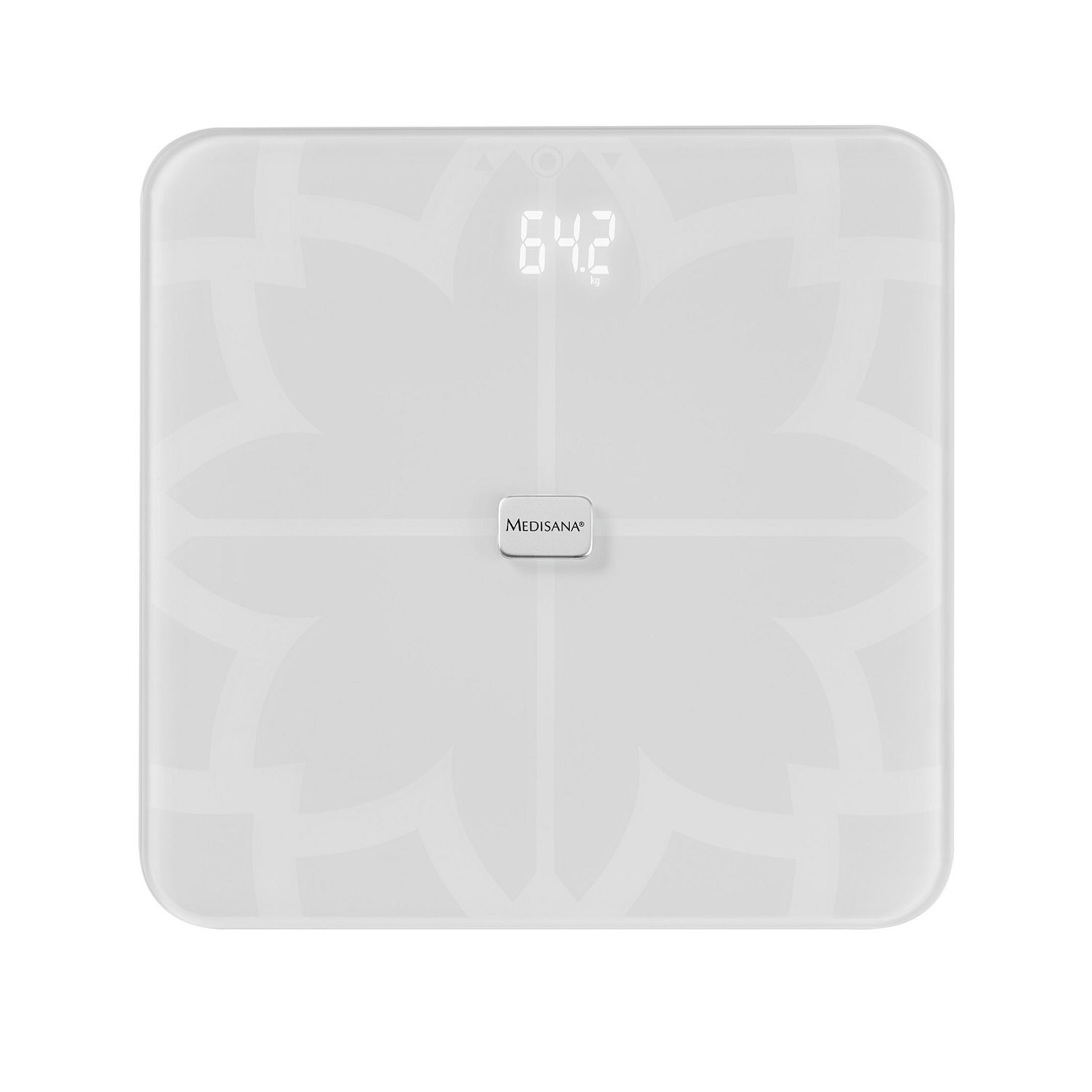 Weiße digitale Badezimmerwaage mit 64.2. Blumendesign in Weiß.