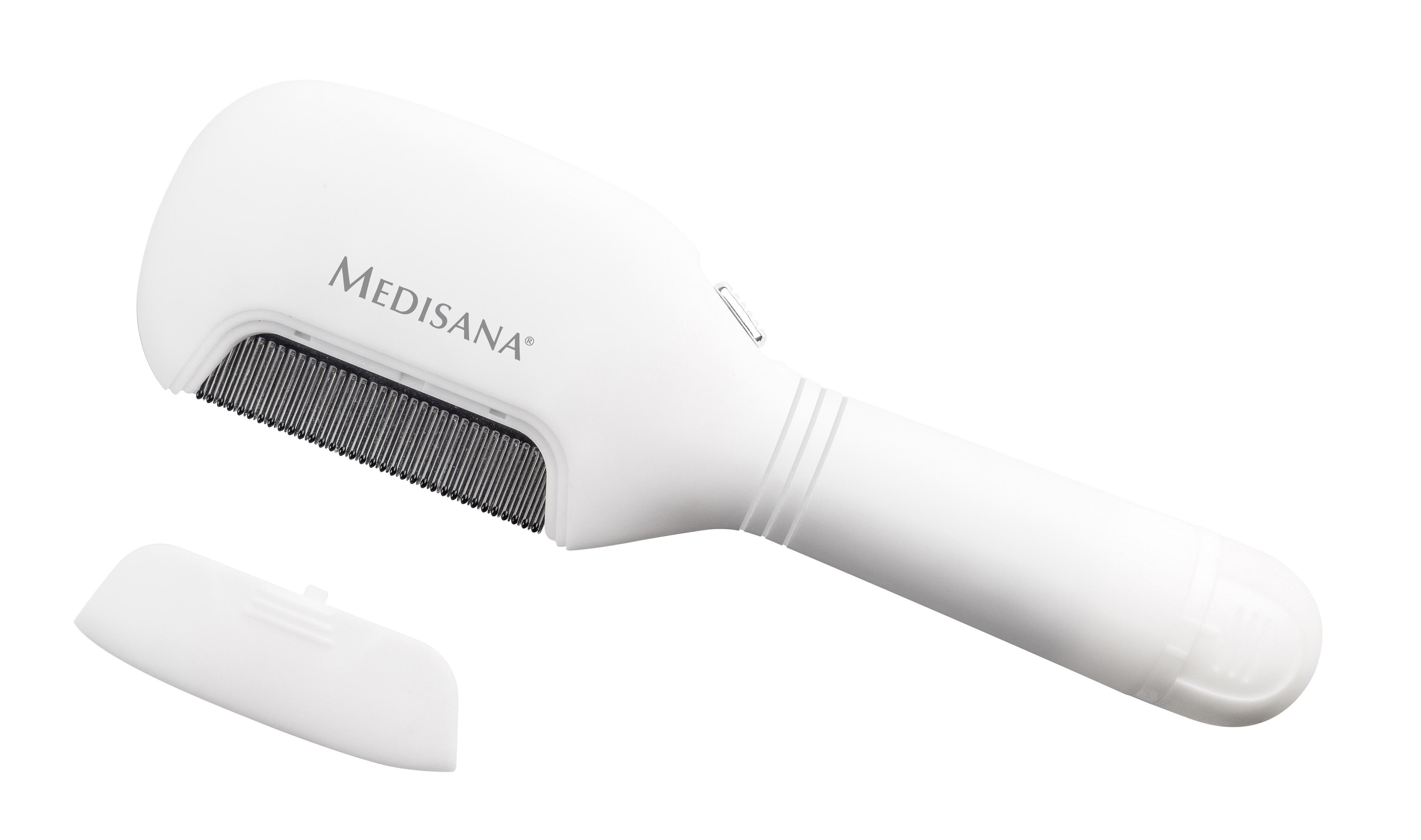 Peine eléctrico blanco para piojos con la marca MEDISANA. Una tapa separada está a la izquierda. Fondo blanco.