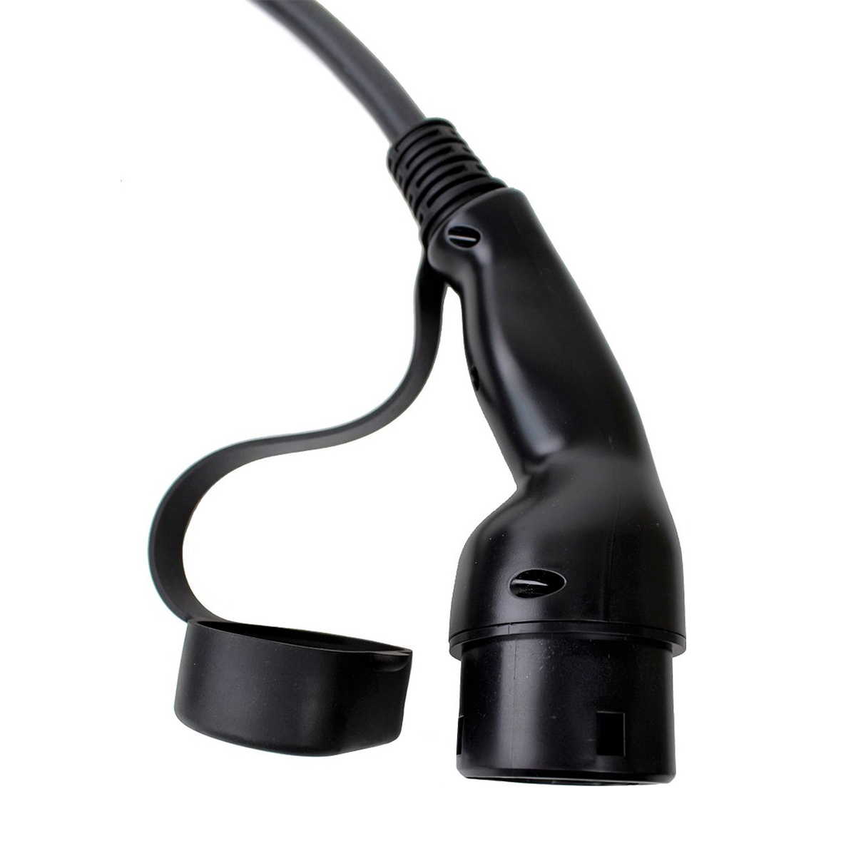 Black charging cable connector with a cap. The cap is detached, showing the connector pins.