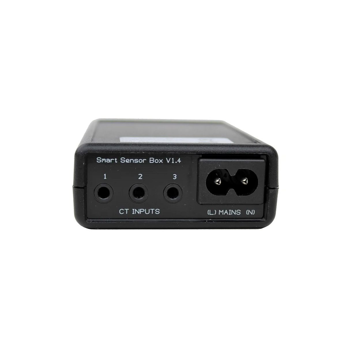 Zwarte Smart Sensor Box met ingangen en voedingspoort, witte achtergrond.