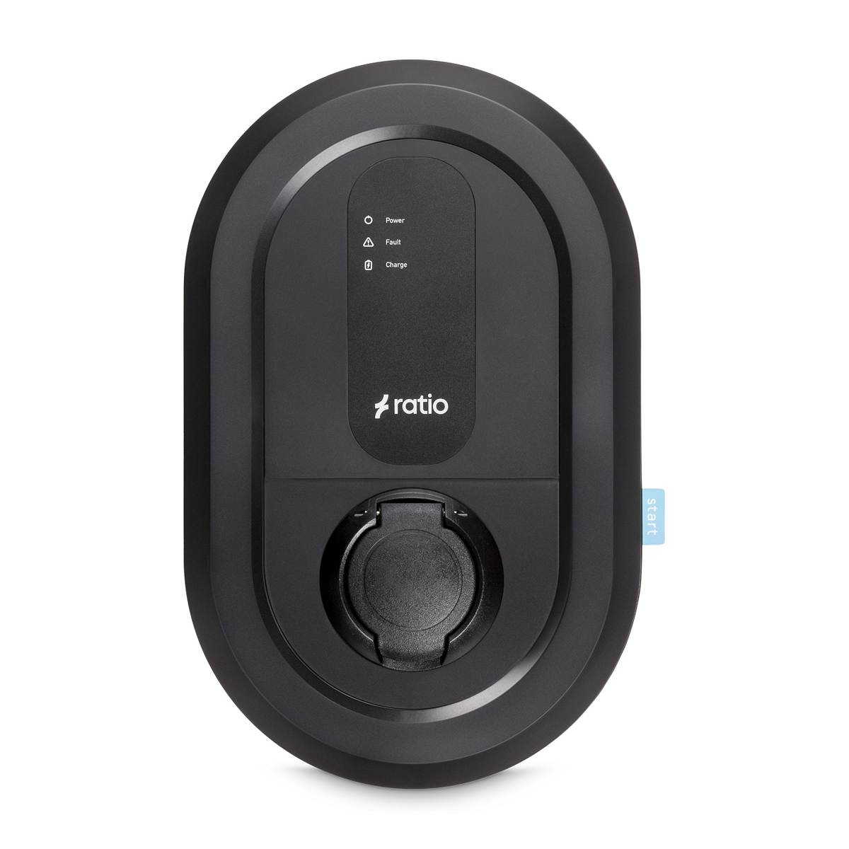 A black, oval-shaped electric vehicle charger. It has three indicator lights and a charging port.
