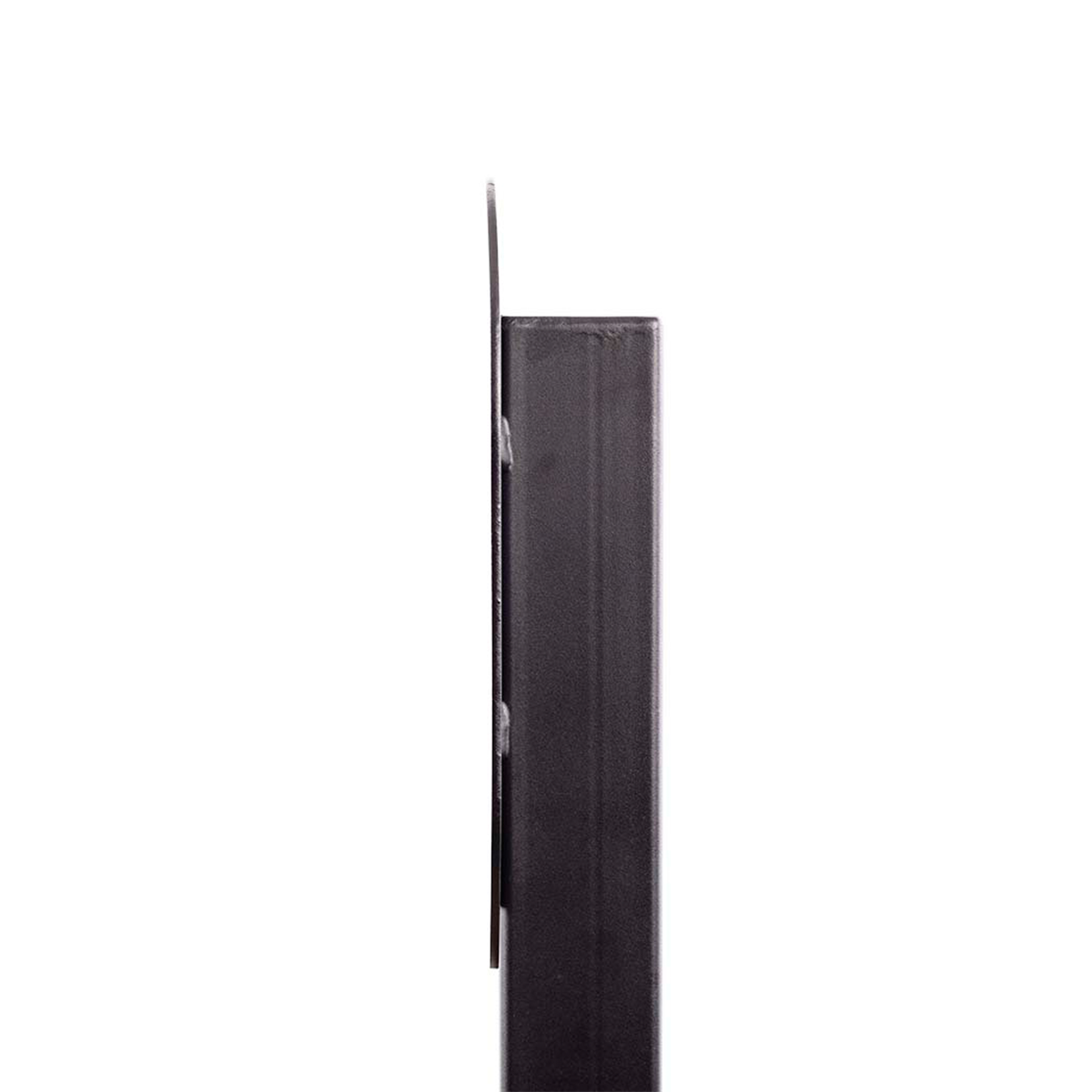 Side view of a black, vertical object, possibly a monitor or a speaker, on a white background.