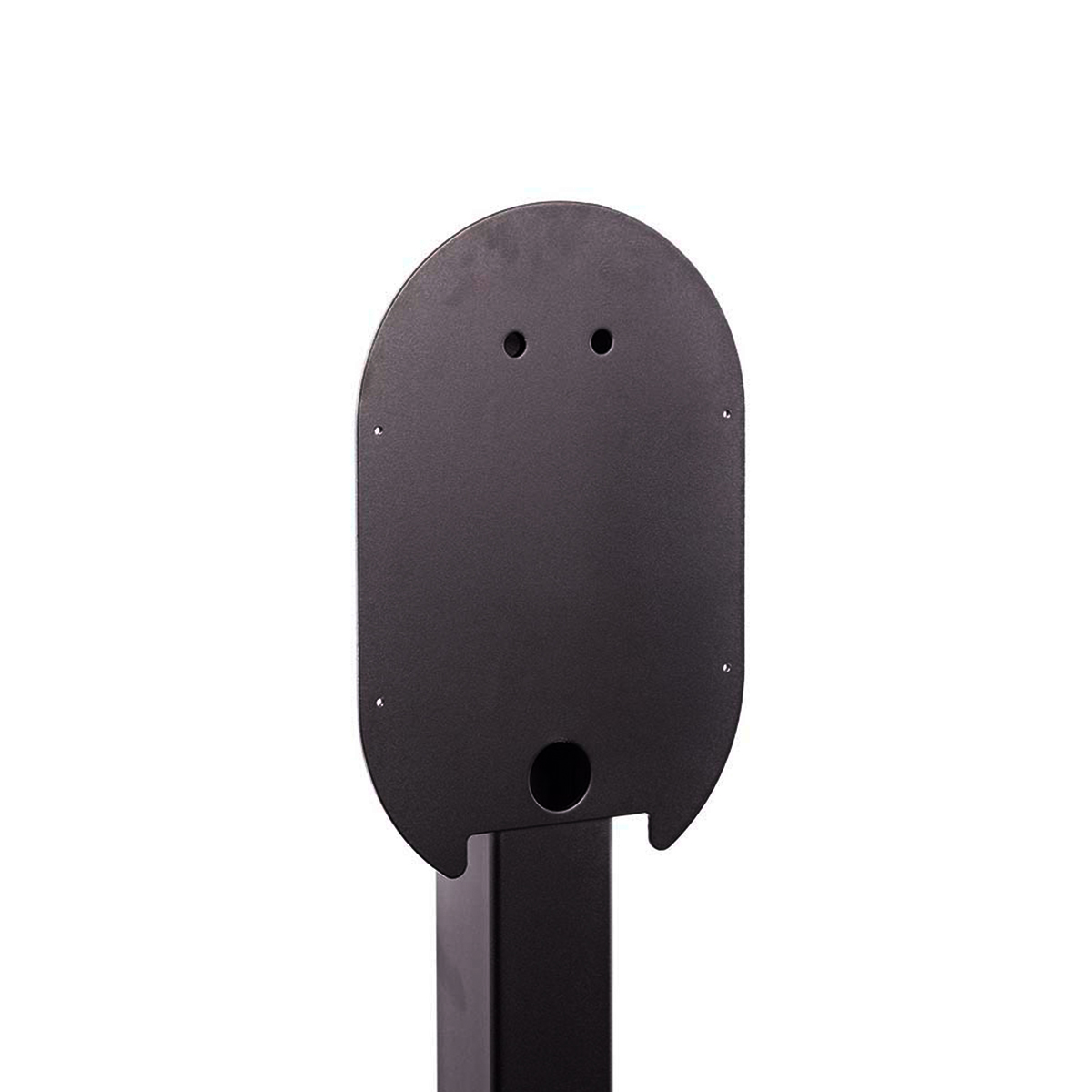 Black metal panel with two holes and a lower hole, mounted on a black rectangular column.