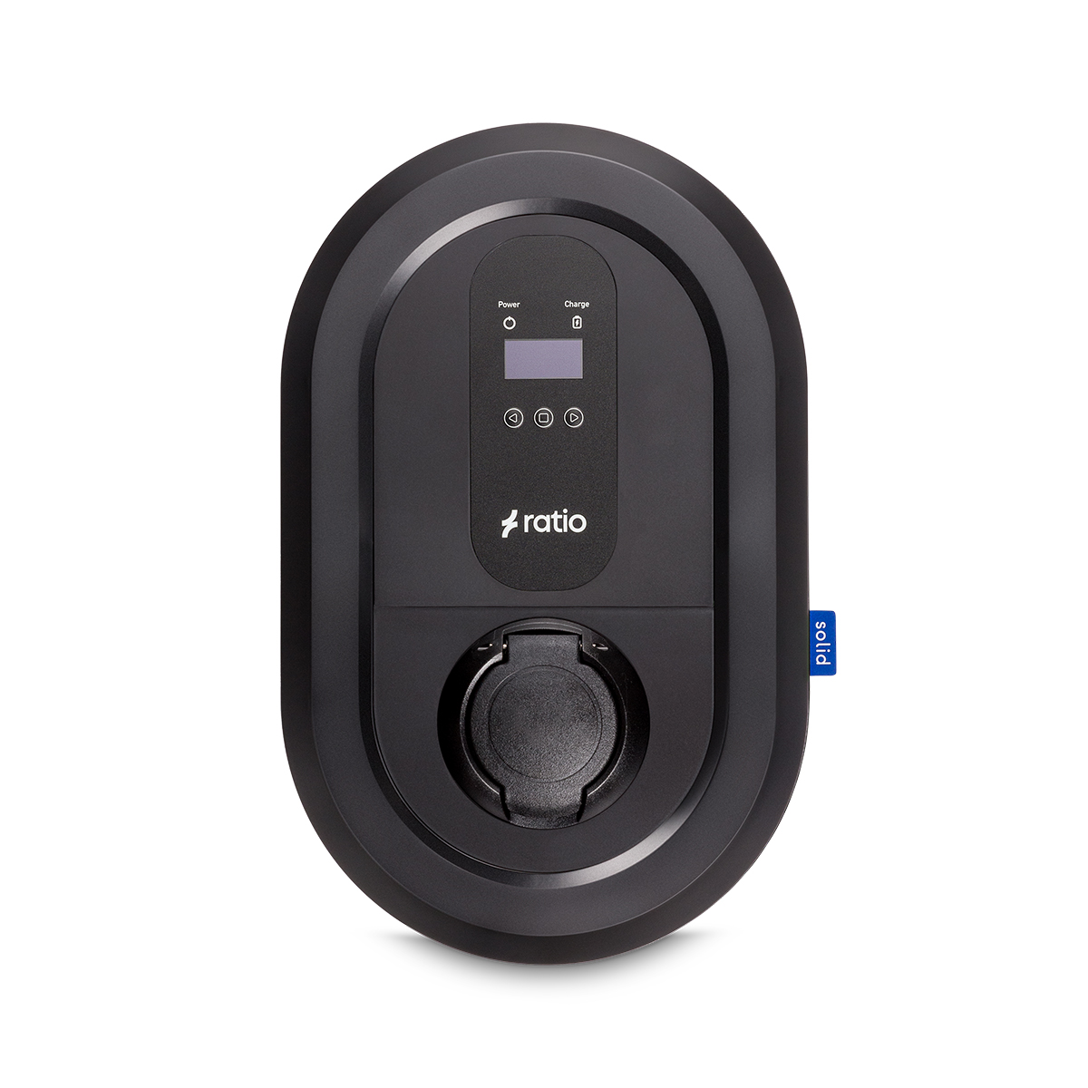 Black electric vehicle charger with display and charging port.