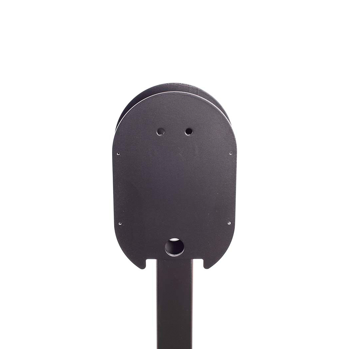 Black metal object with two holes and a stem, white background.
