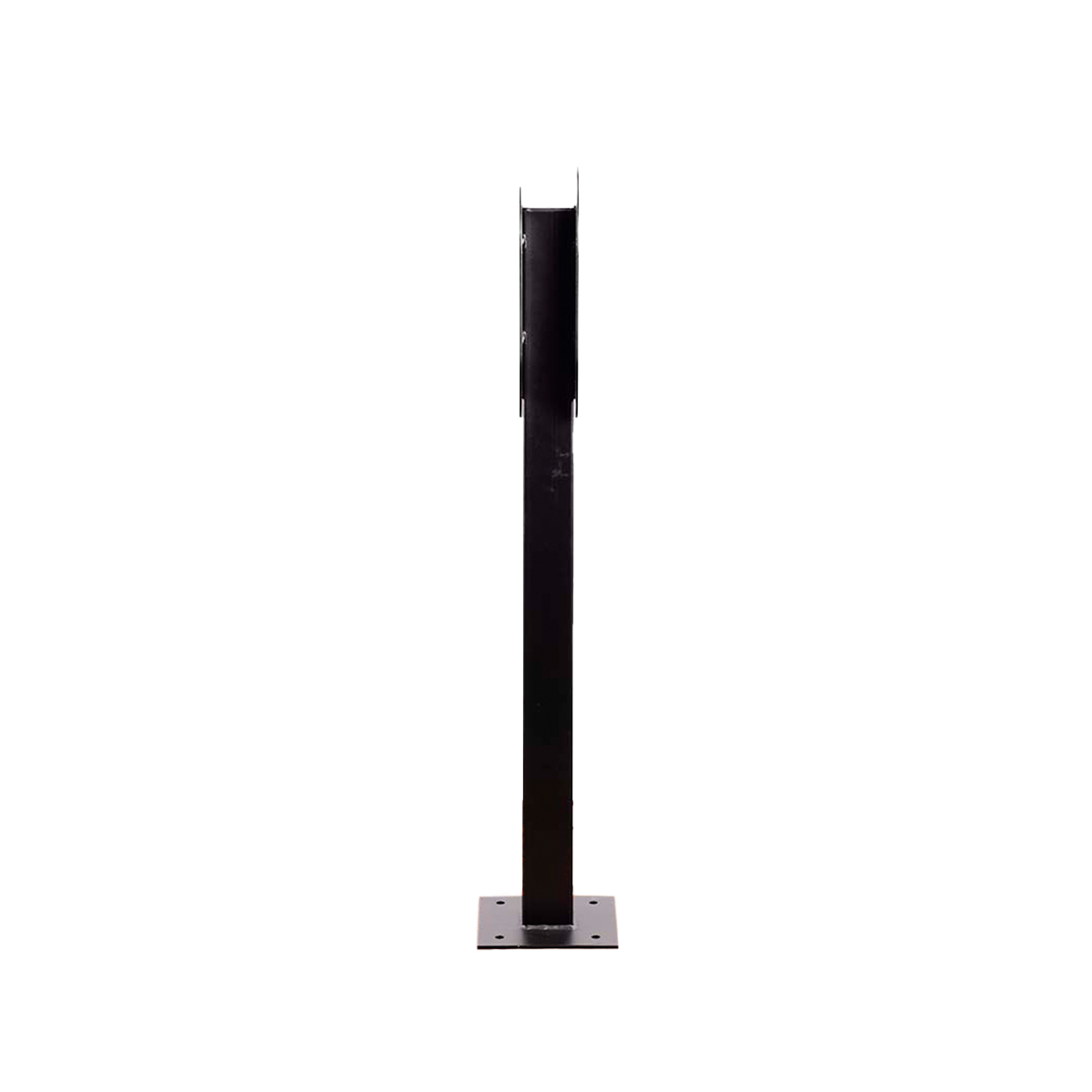A tall, black metal post with a square base, for mounting something on the top.