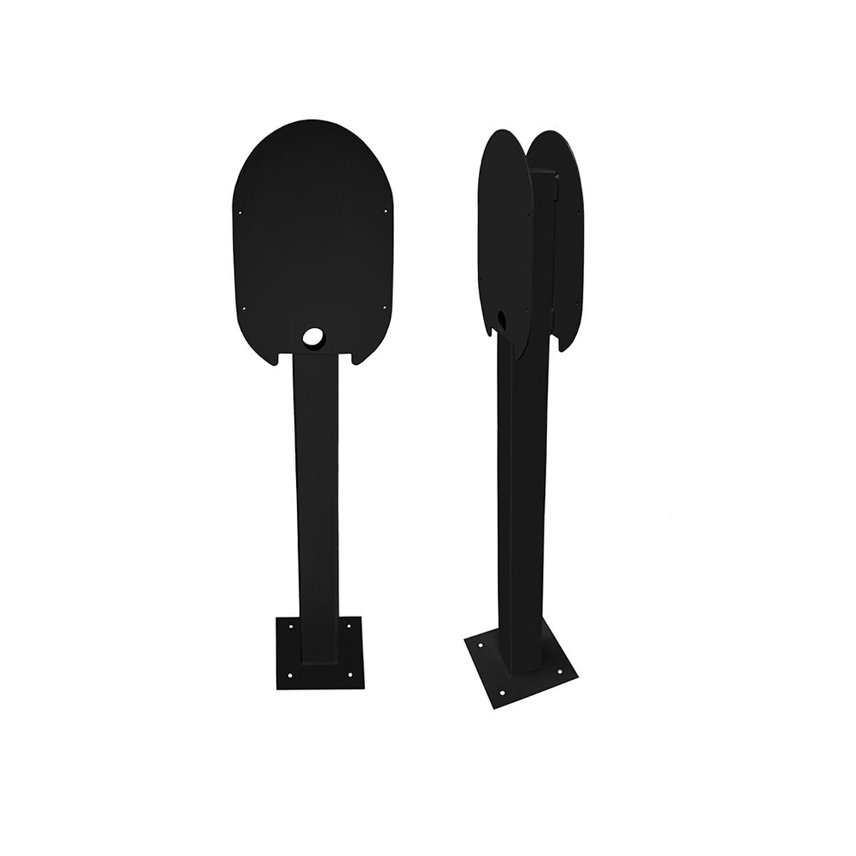 Two black metal stands on white, with a flat, oval shape with a hole. It has a base.