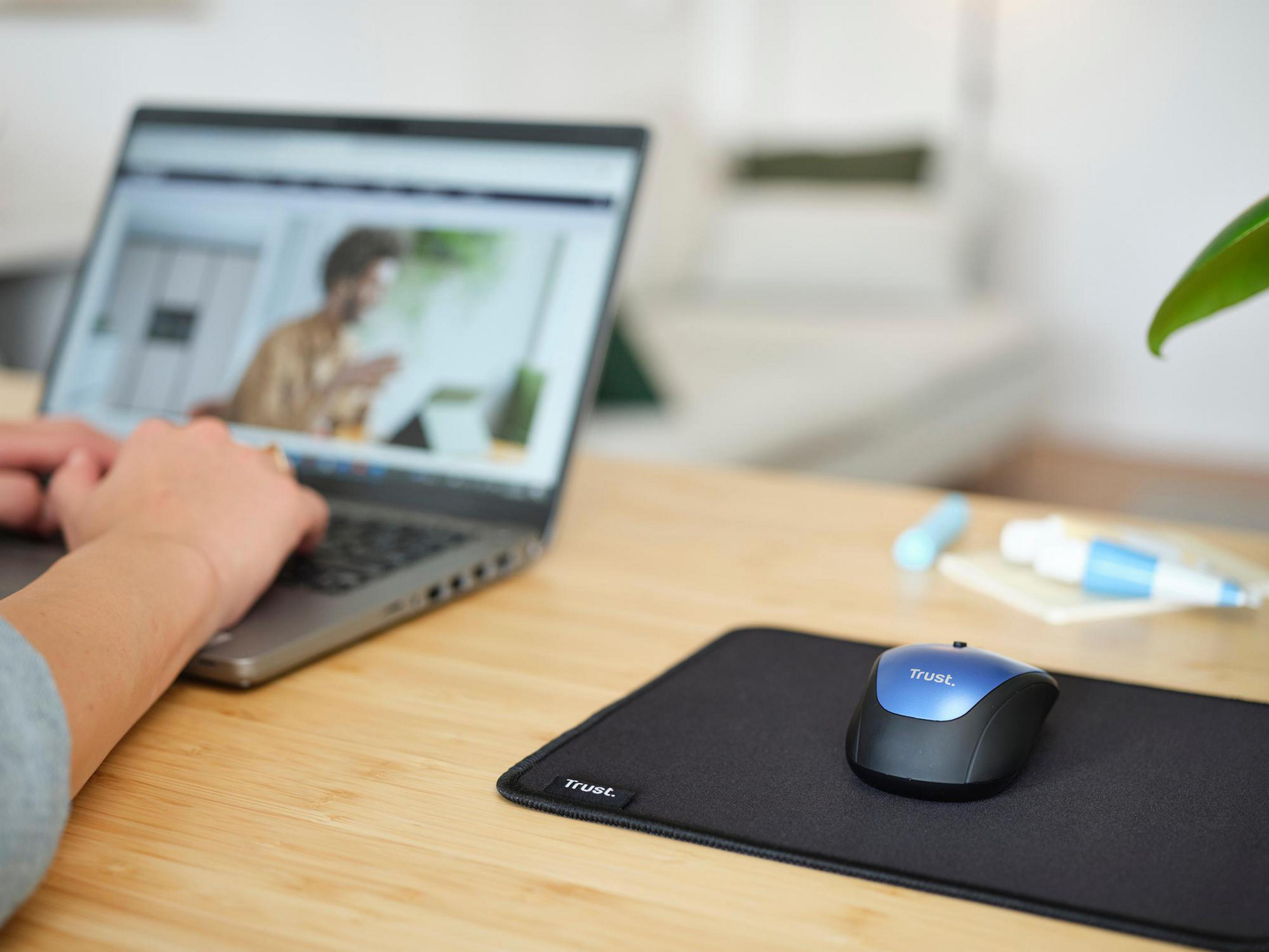 Persona che digita su laptop, mouse e tappetino sulla scrivania con persona sullo schermo.