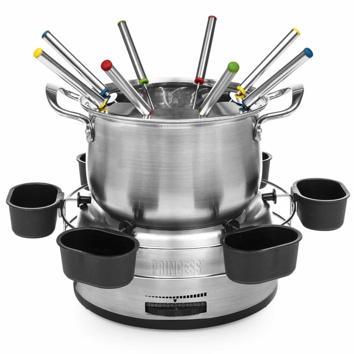 Zestaw do fondue z garnkiem, widelcami i indywidualnymi uchwytami.