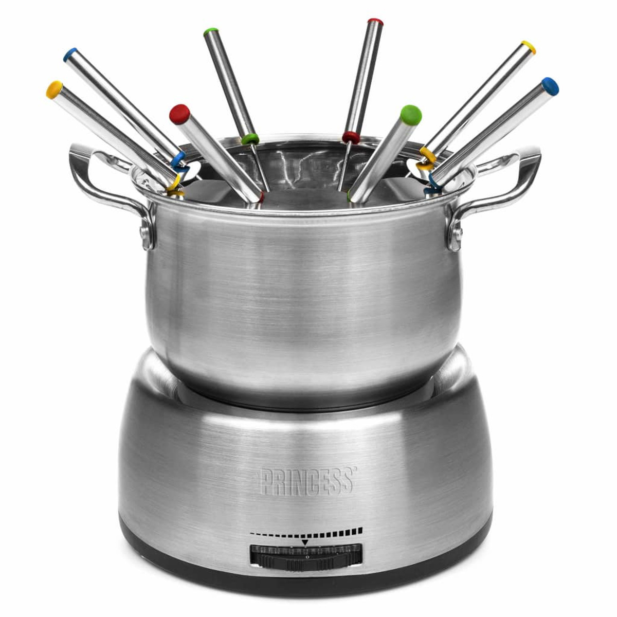 Srebrny garnek do fondue z kolorowymi widelcami. Ma czarną podstawę z regulacją temperatury.