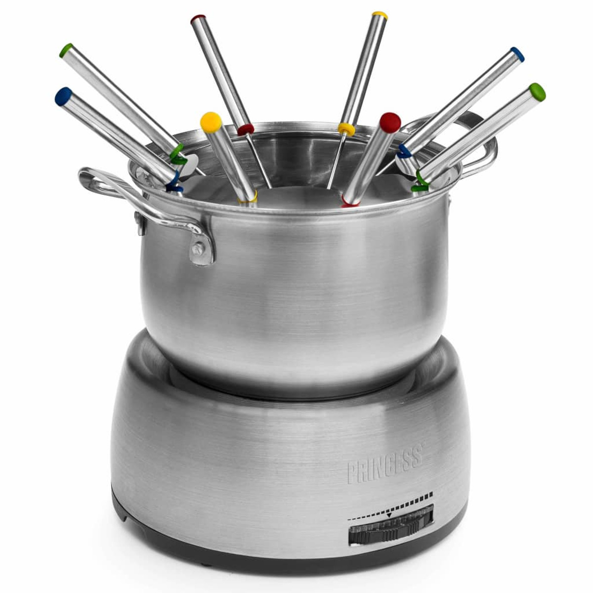 Garnek do fondue ze stali nierdzewnej z kolorowymi widelcami na podstawie.