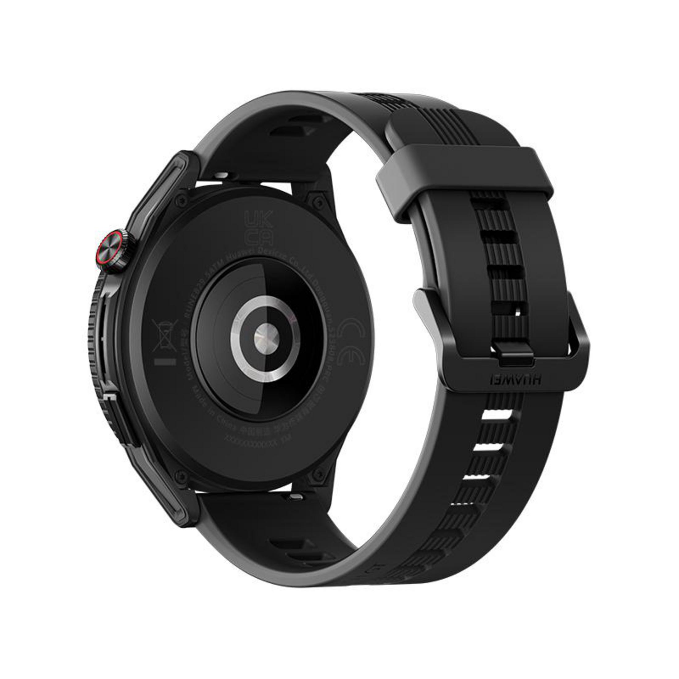 Un smartwatch Huawei negro, que muestra la parte trasera con sensores, una correa y el logotipo de Huawei.
