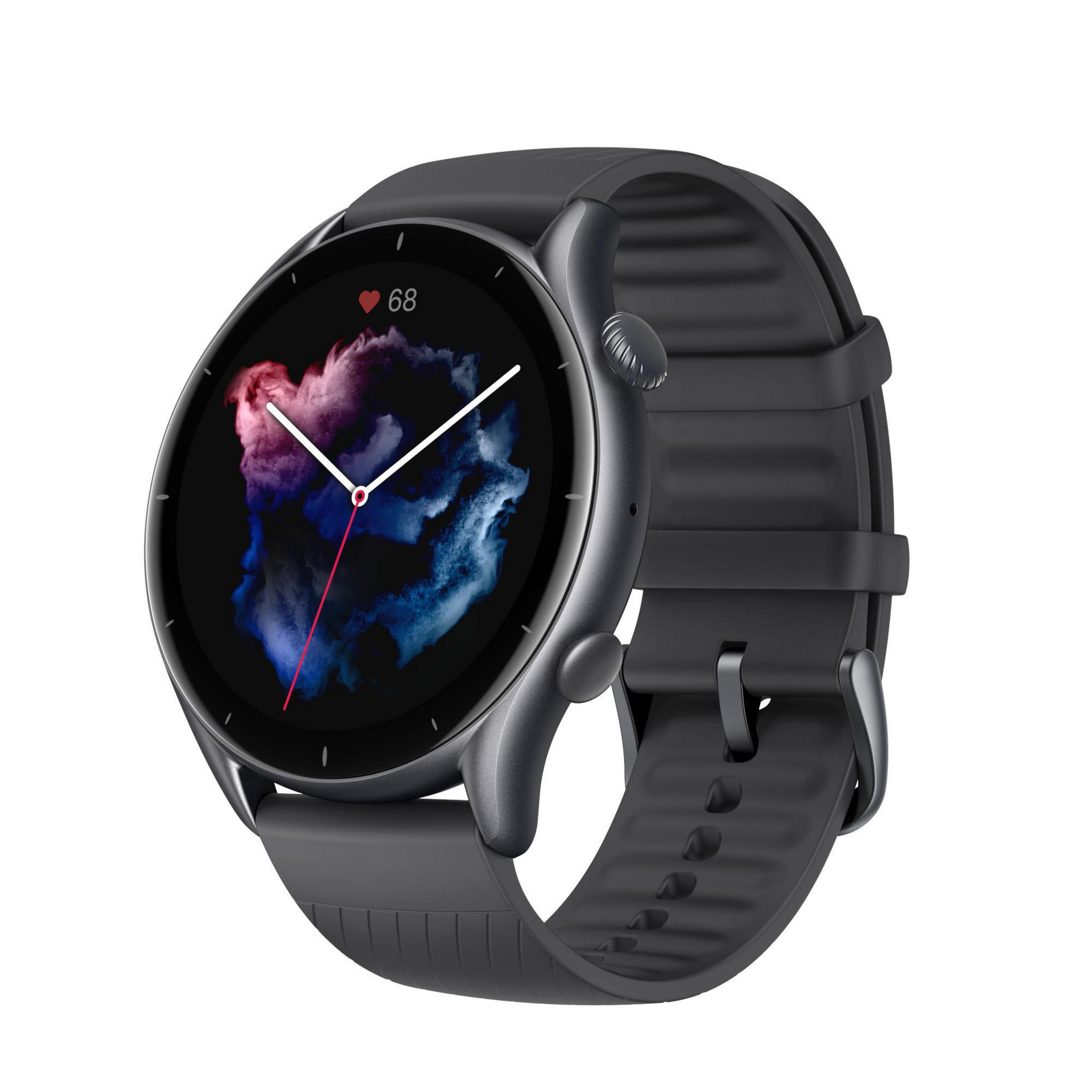 Eine schwarze Smartwatch mit rundem Zifferblatt, die eine Herzfrequenz von 68 anzeigt.