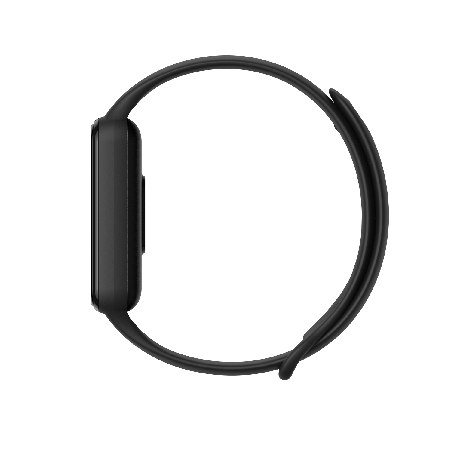 Un smartwatch negro sobre fondo negro. El reloj tiene una pantalla rectangular y correa negra.
