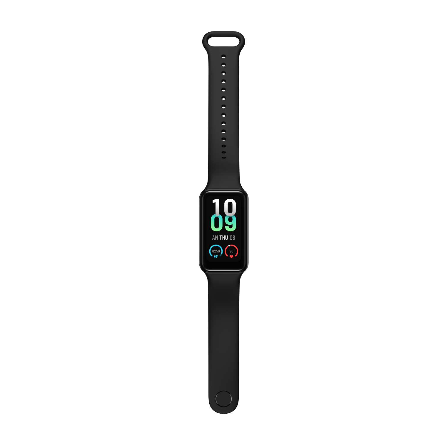 Un reloj rastreador de actividad física negro que muestra la hora, la fecha y la frecuencia cardíaca en una correa negra.