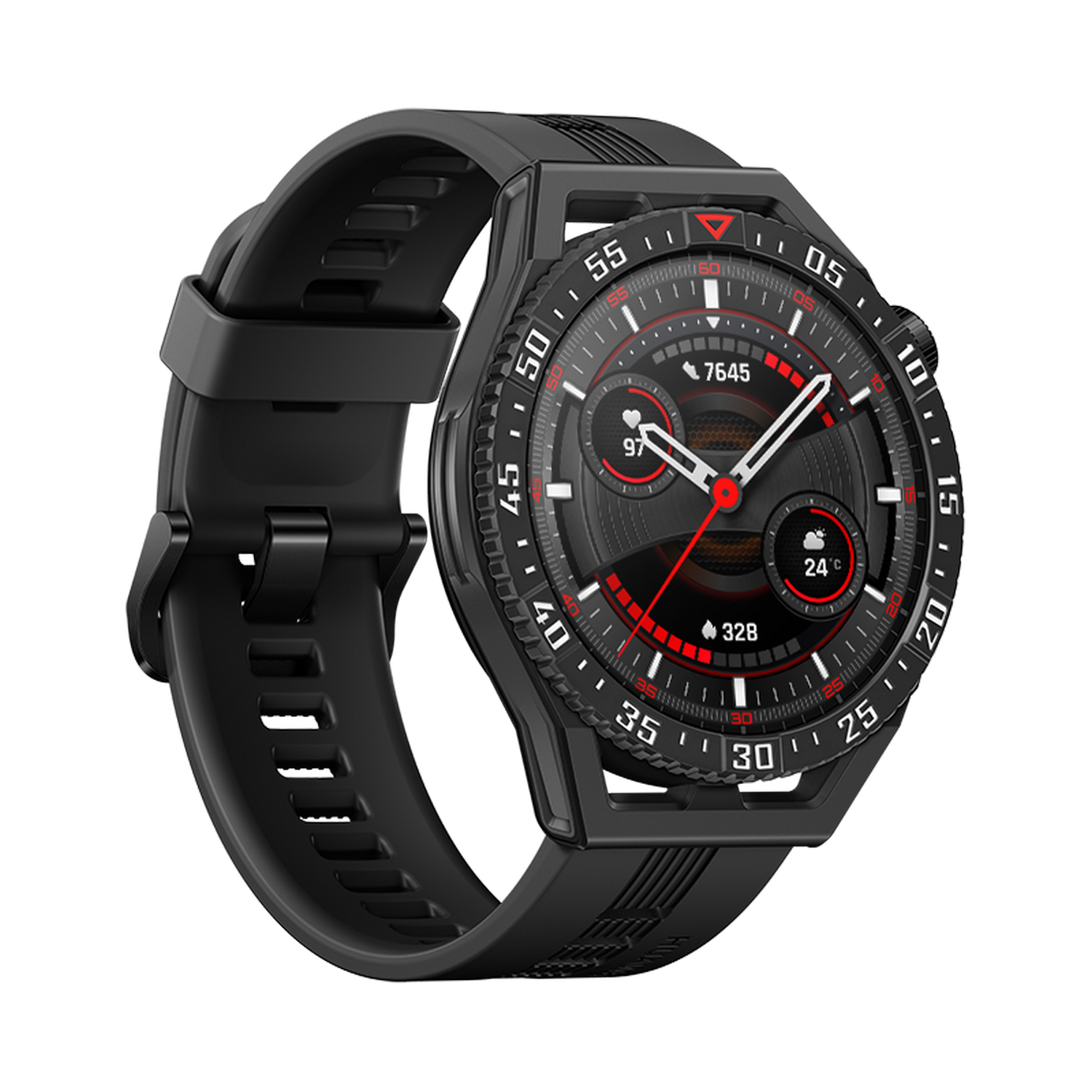 Smartwatch Huawei negra. Correa negra con detalles rojos en la esfera.