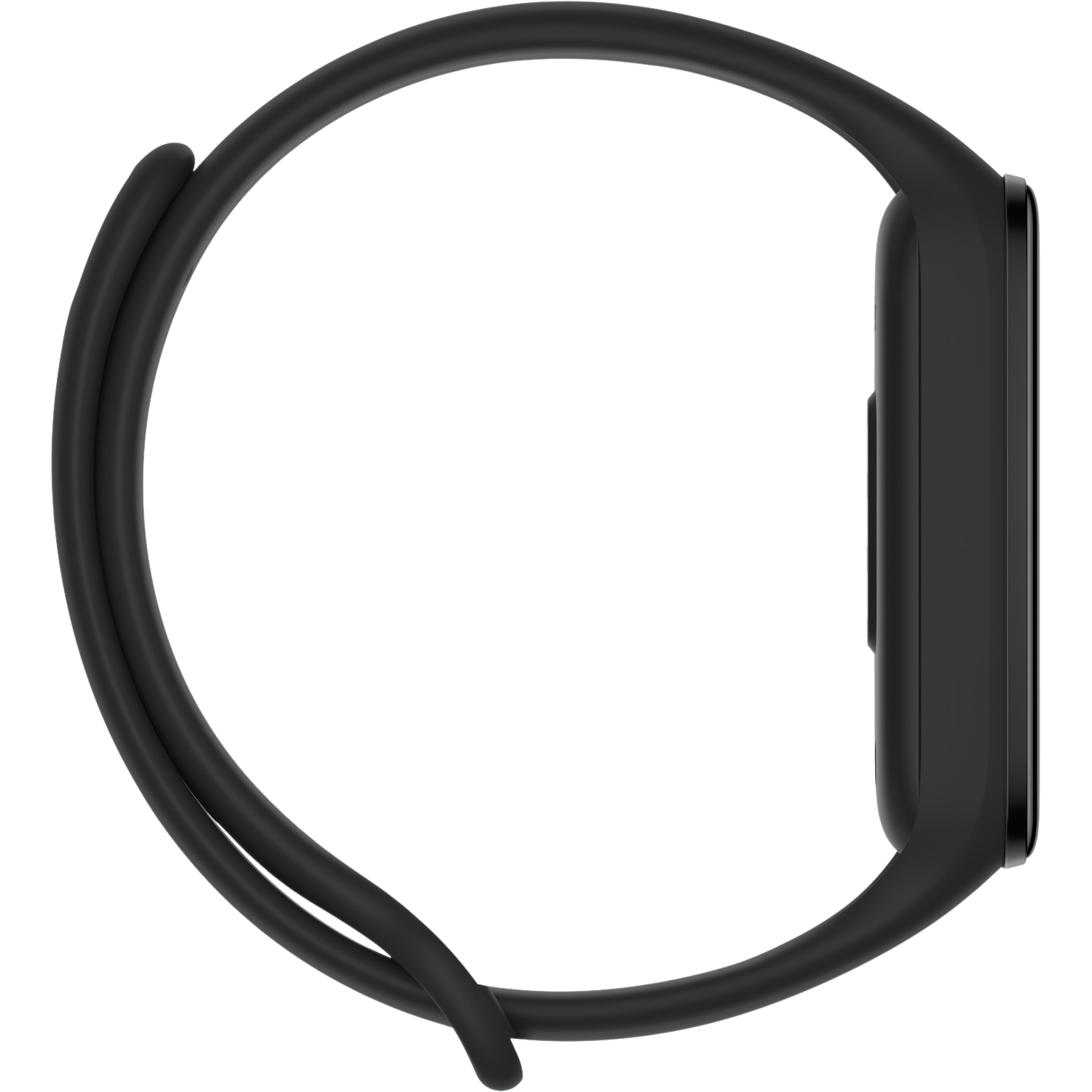 Czarny pasek do trackera fitness. Opaska jest zapętlona i zakrzywiona.