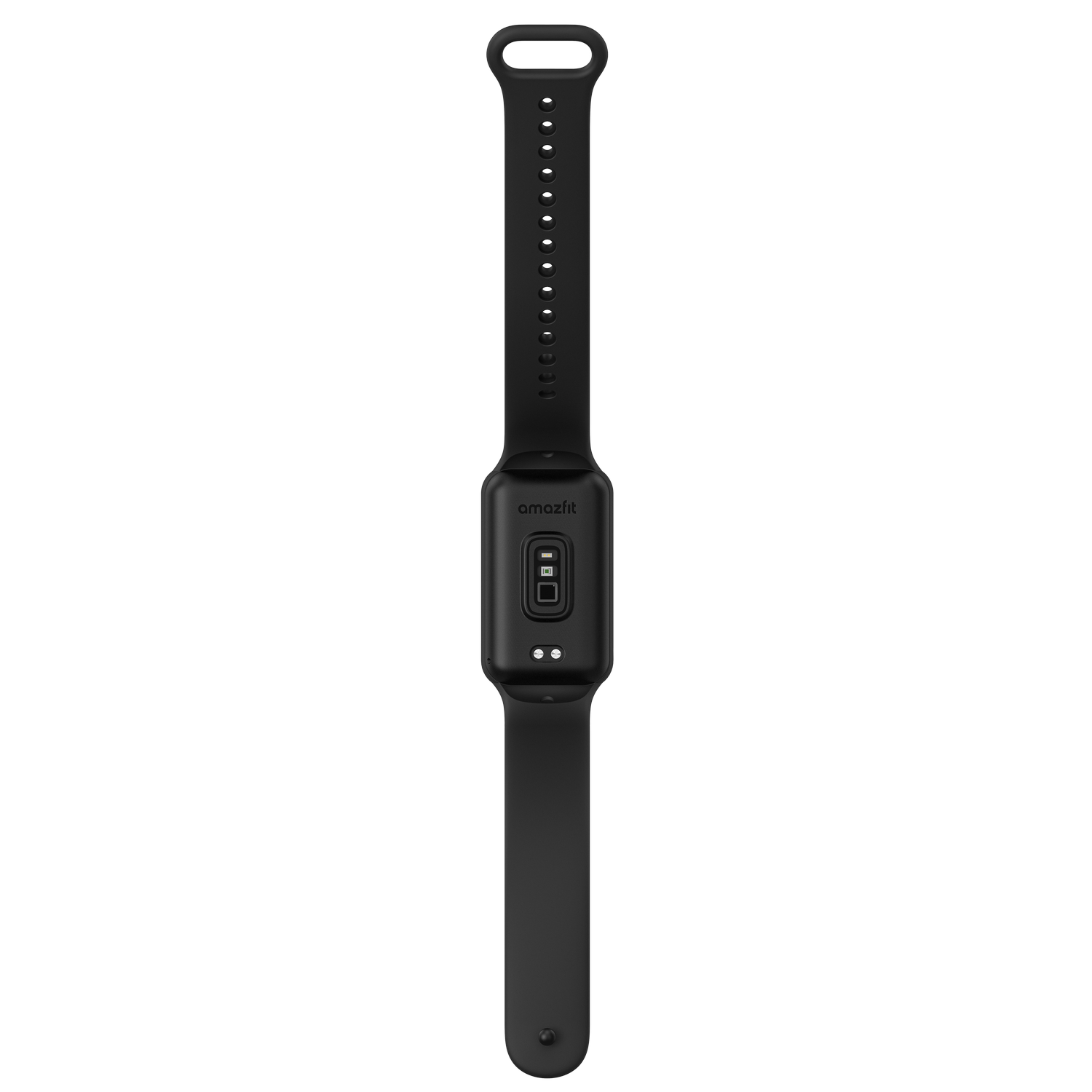 Monitor de actividad física Amazfit negro. Tiene una correa y una pantalla con sensor de ritmo cardíaco.