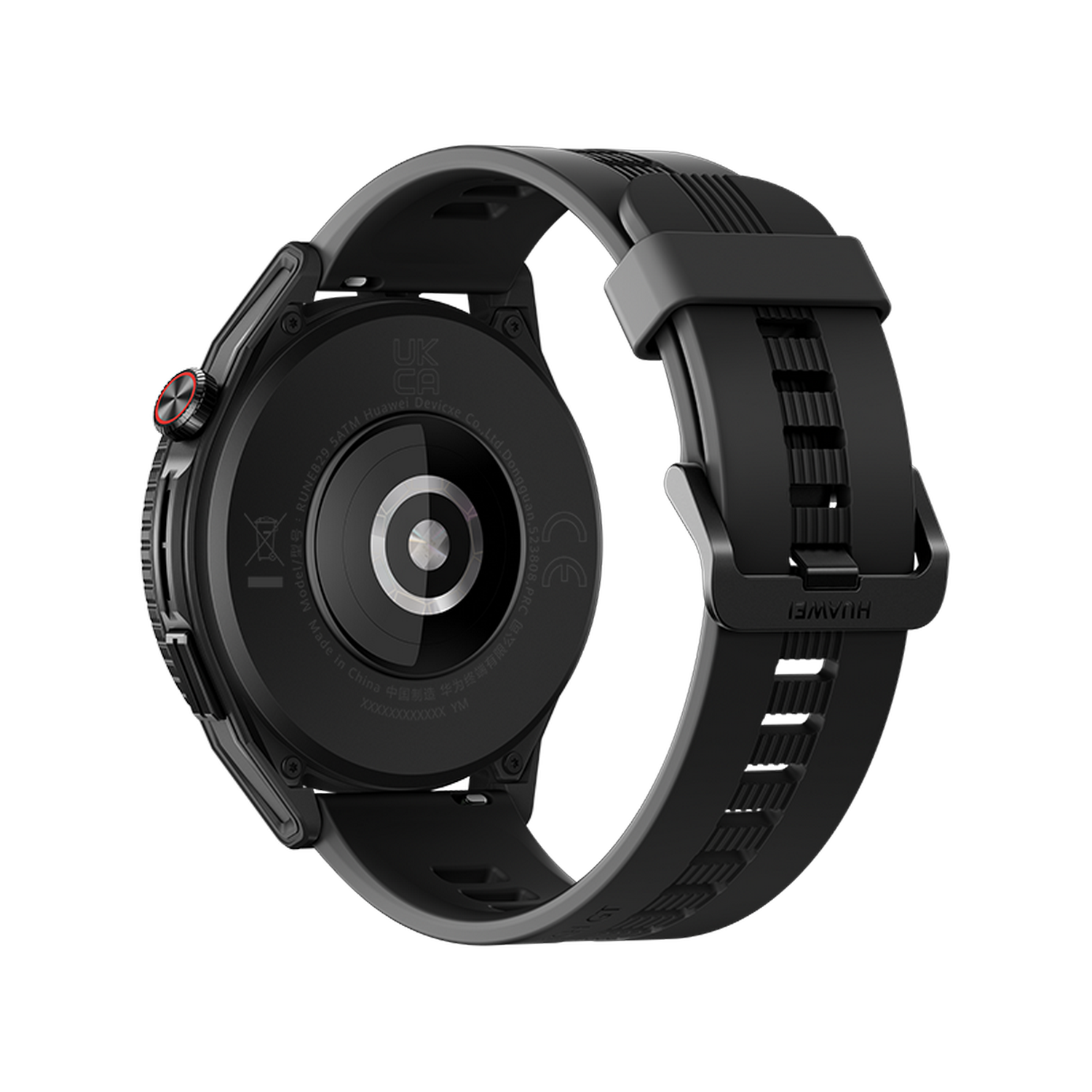 Parte trasera del smartwatch negro con sensor de frecuencia cardíaca y correa adjunta.