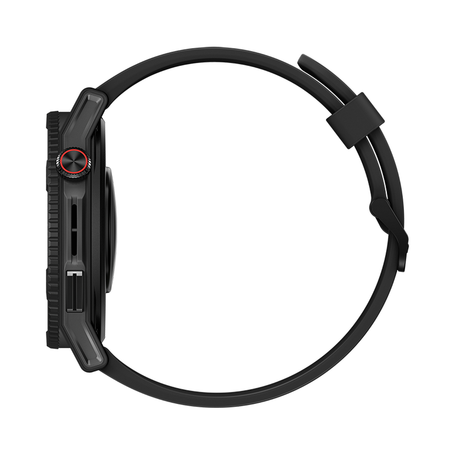 Smartwatch negra, vista lateral derecha. Botón rojo, botones laterales y correa negra visibles.