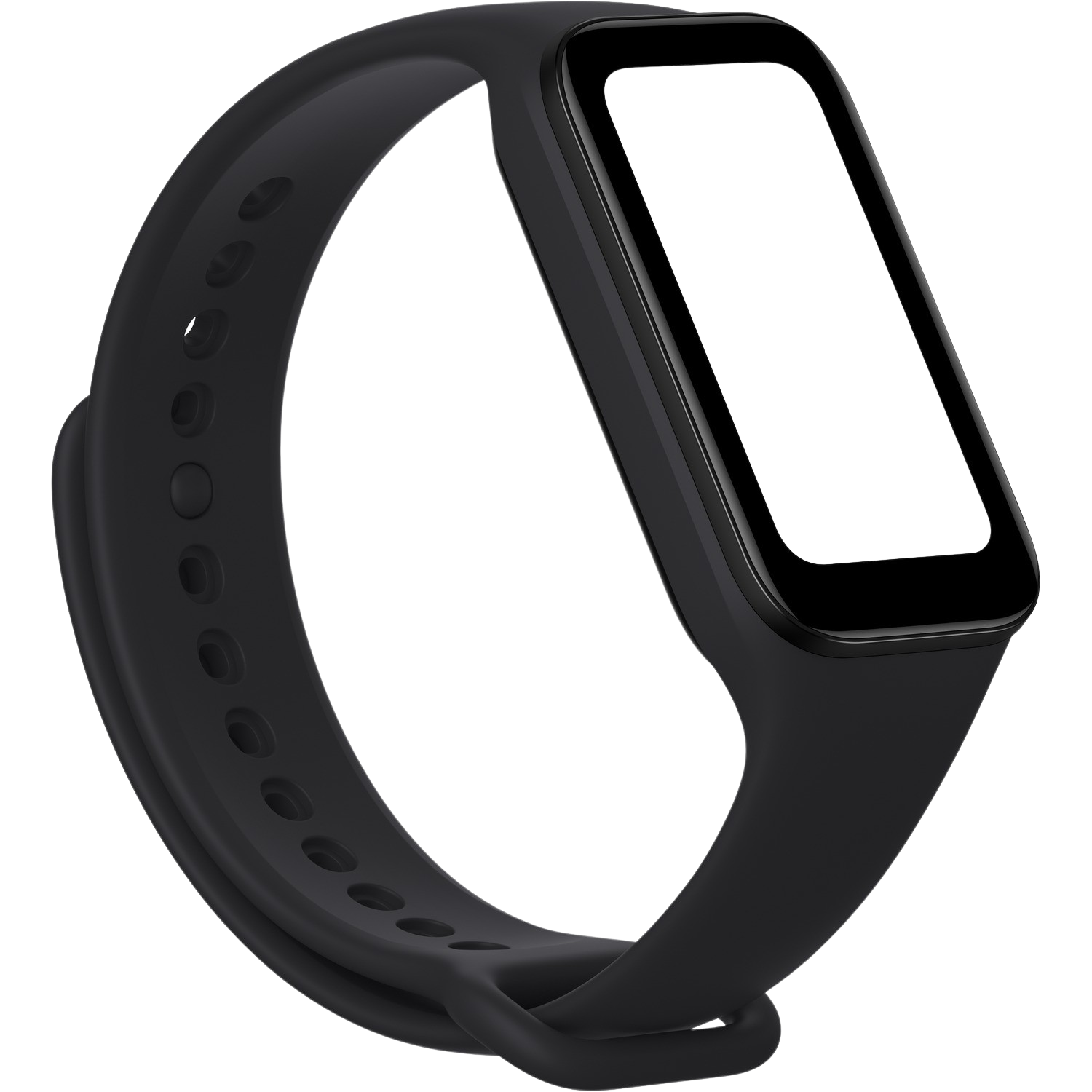 Czarna opaska smartband z ekranem dotykowym i czarnym paskiem.