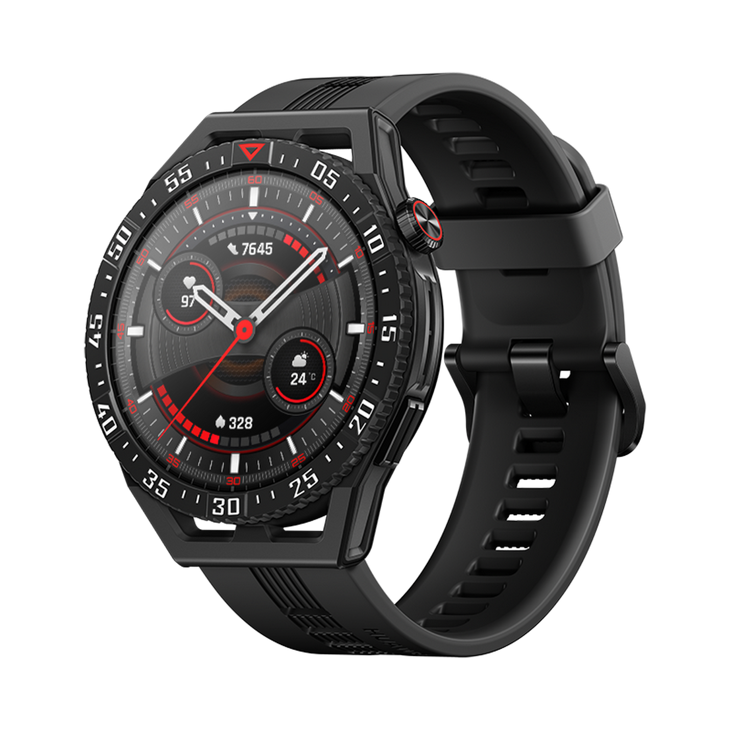 Smartwatch Huawei negra con esfera redonda, mostrando la hora y otras métricas. Correa negra.
