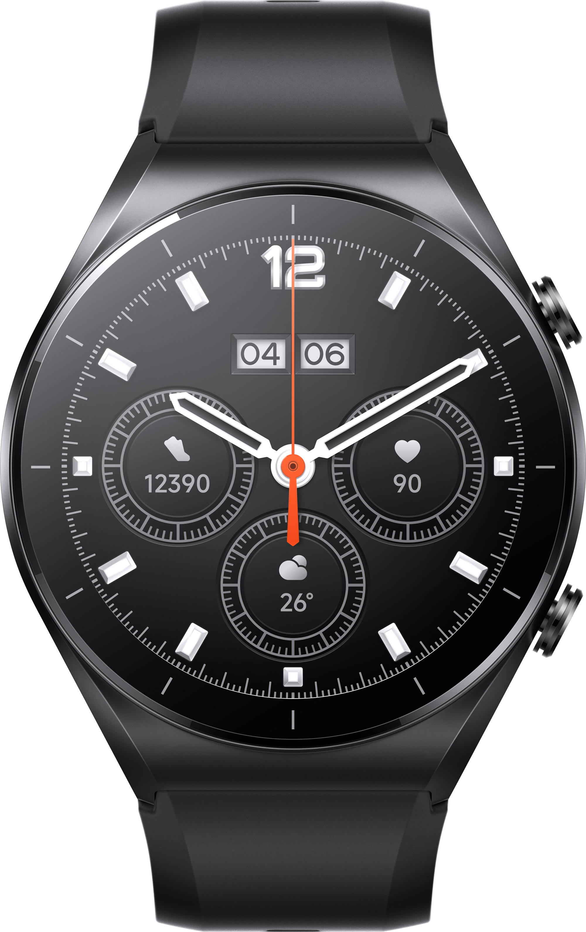 Eine schwarze Smartwatch mit schwarzem Armband. Der Bildschirm zeigt Uhrzeit, Datum, Schritte, Herzfrequenz und Temperatur.
